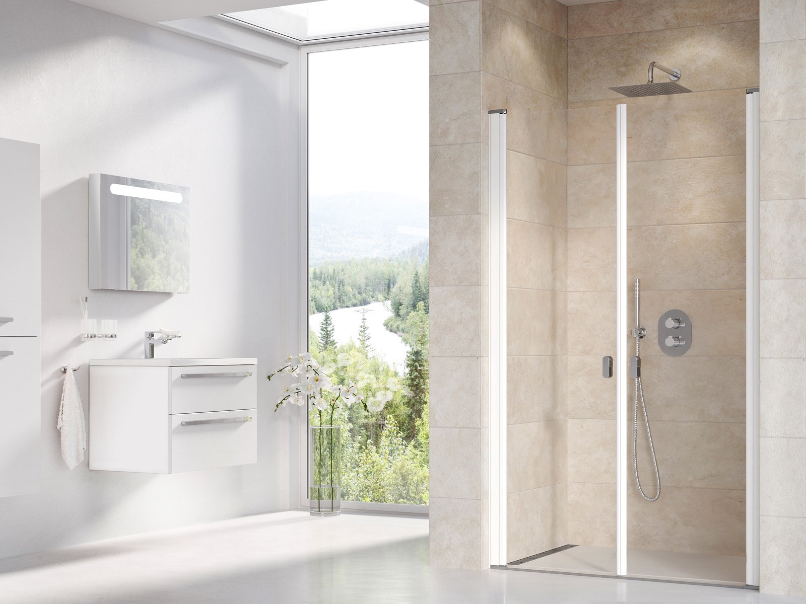 Ravak Chrome puerta de ducha 110 cm oscilante blanco brillante/vidrio transparente 0QVDC10LZ1