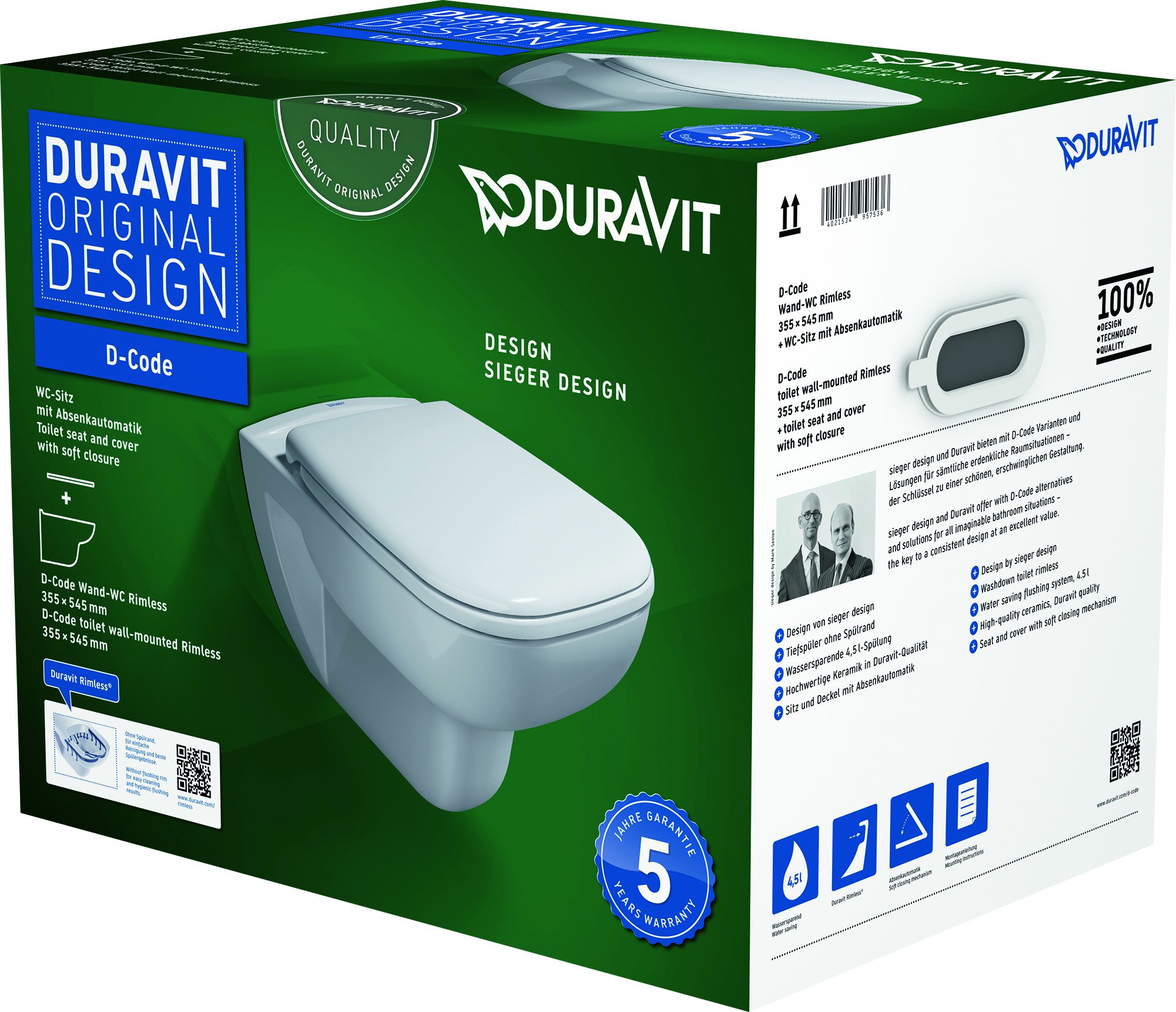 Duravit D-Code taza de inodoro con asiento de cierre suave suspendido sin reborde blanco 45700900A1