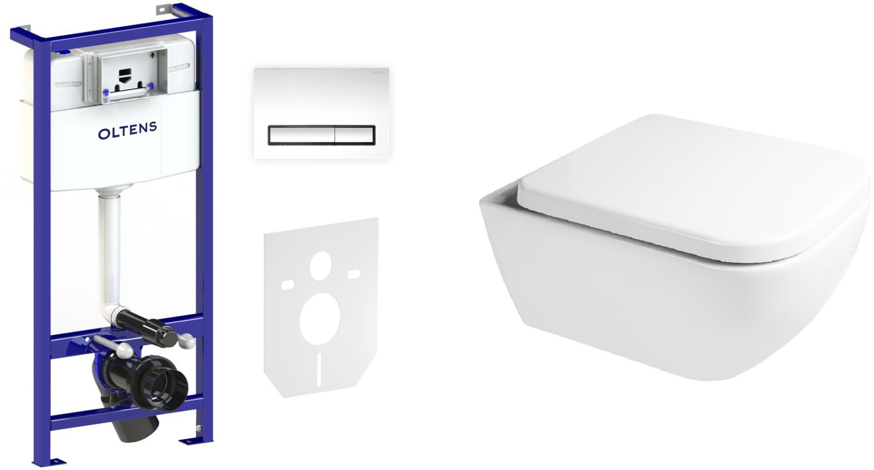 Conjunto taza de inodoro Oltens Vernal 42502000, marco empotrado con pulsador y junta Oltens Triberg 58300100, 45103000