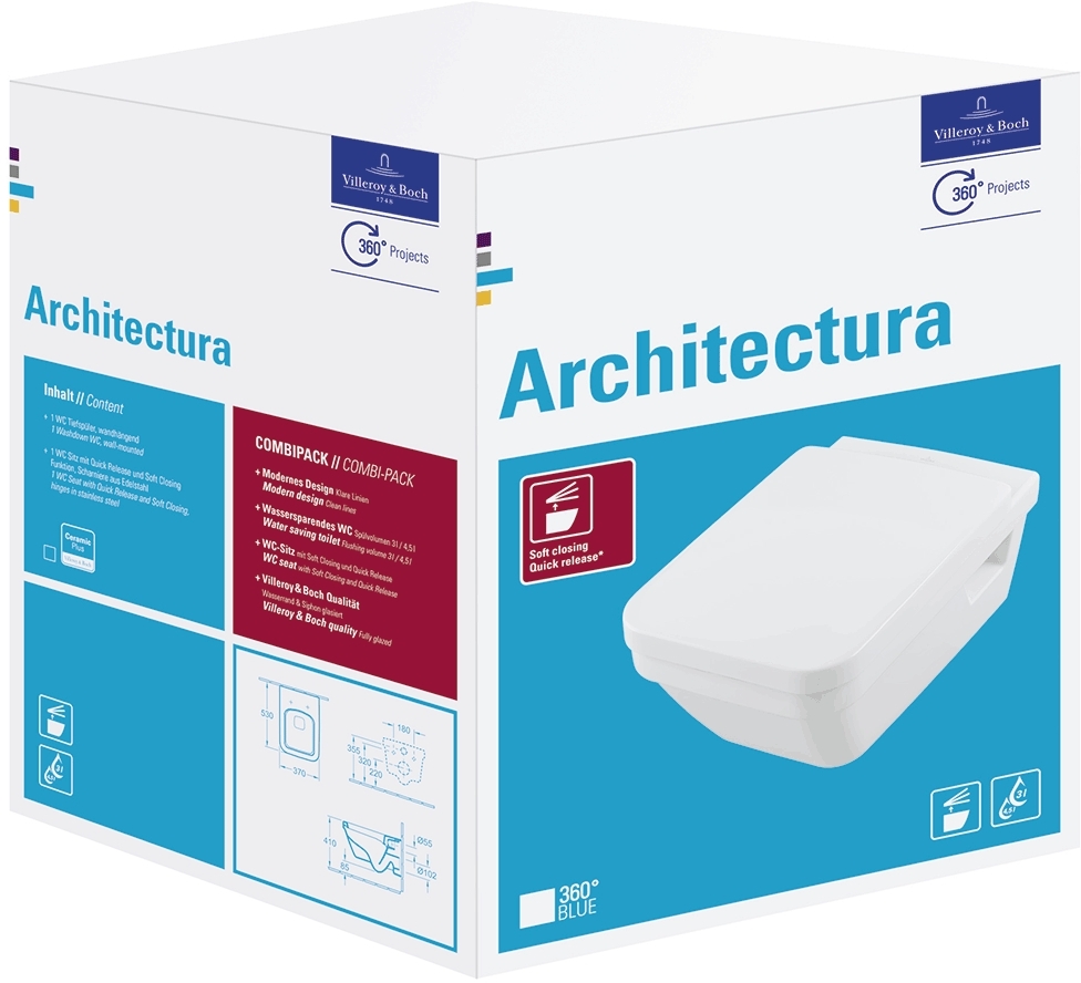 Villeroy & Boch Architectura conjunto combi-pack con tapa suspendido sin reborde blanco 5685HRR1
