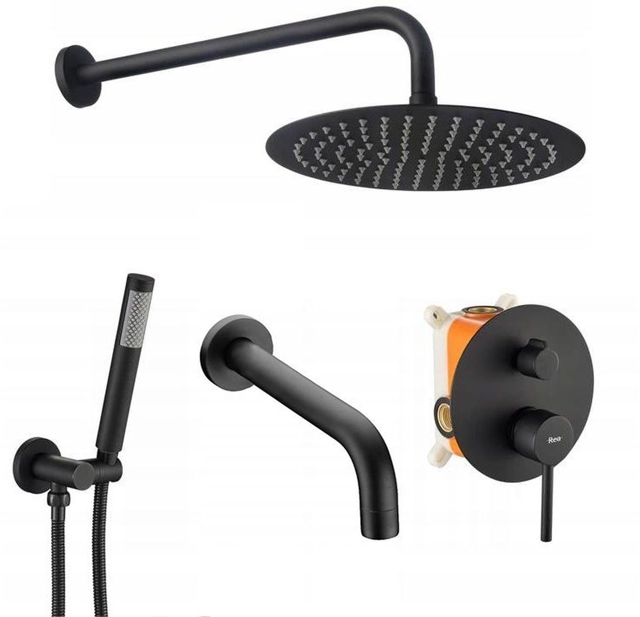 Rea Lungo conjunto de ducha empotrado con rociador con efecto lluvia negro REA-P4112