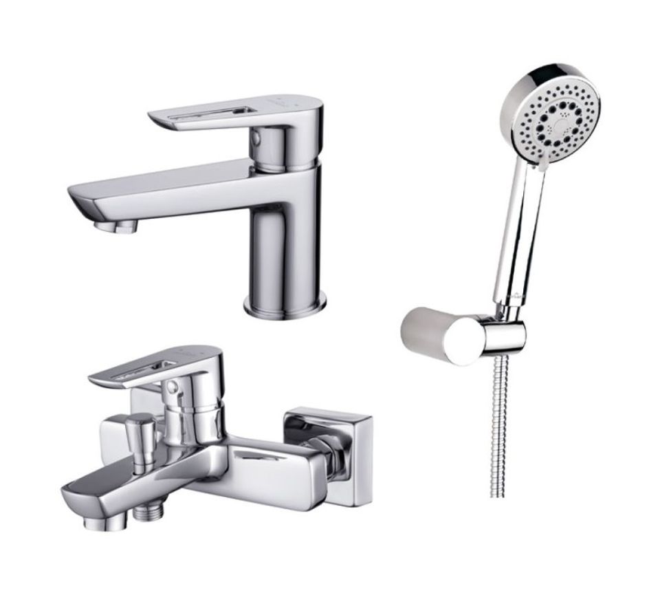 Conjunto grifo de bañera y ducha Cersanit Mille S951-006, grifo para lavabo Cersanit Mille S951-045, S951-022