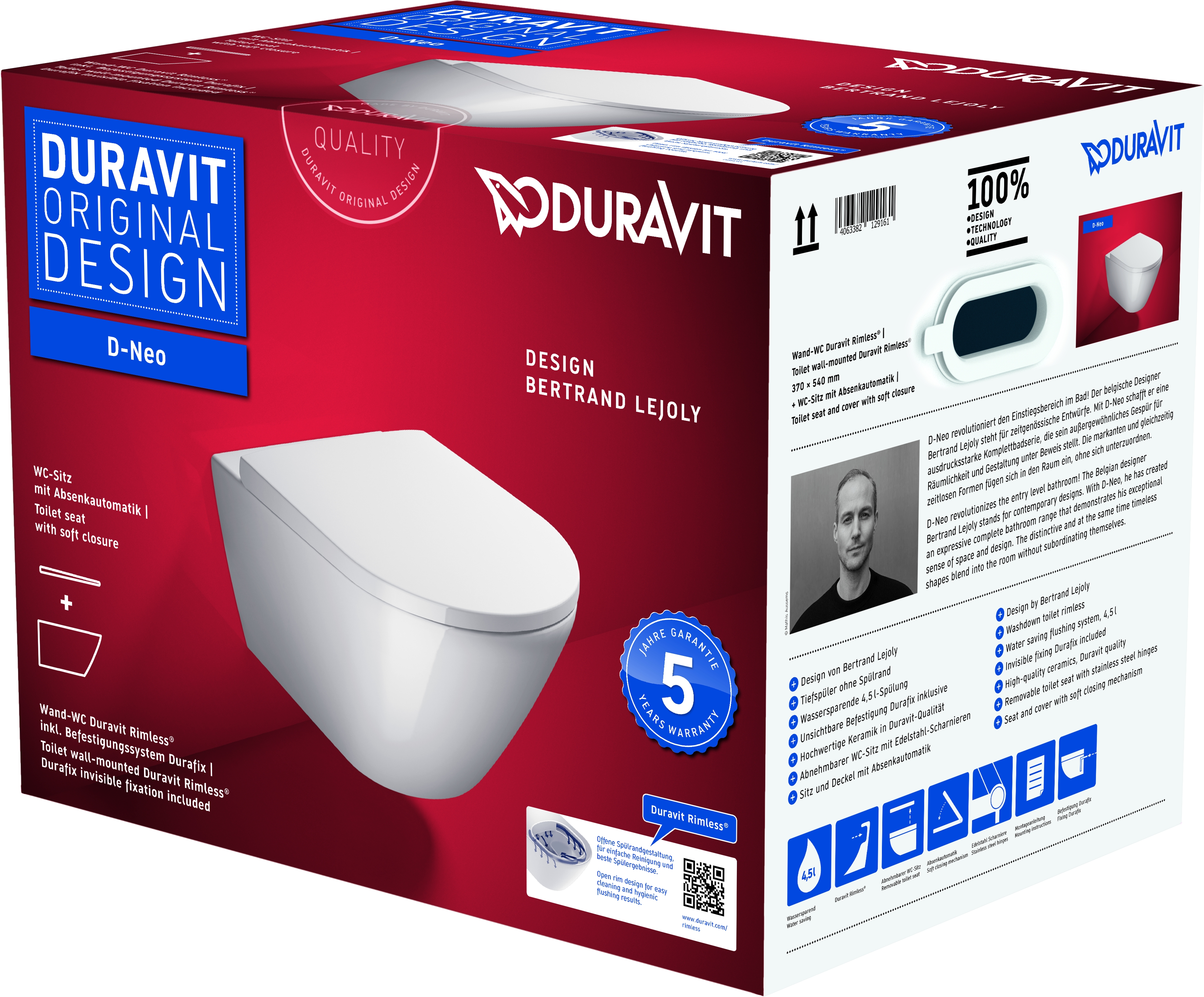 Duravit D-Neo taza de inodoro con asiento de cierre suave suspendido sin reborde blanco 45770900A1