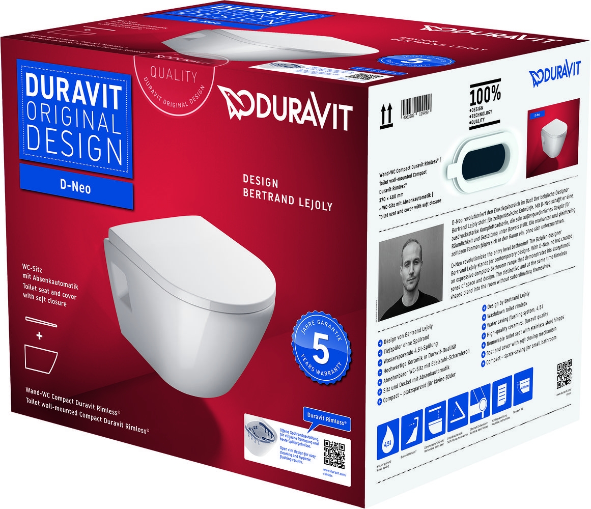 Duravit D-Neo taza de inodoro con asiento de cierre suave suspendido sin reborde blanco 45870900A1