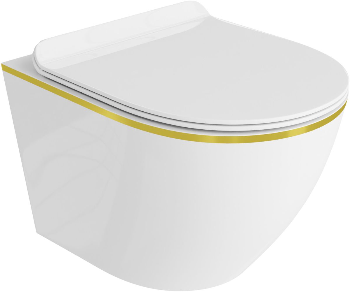 LaVita Sofi Slim Gold Line taza de inodoro con asiento de cierre suave suspendido sin reborde blanco brillante 5900378319054