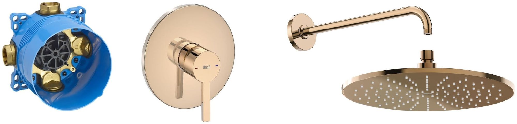 Conjunto ducha con efecto lluvia Roca Rainsense A5B3950RG0, grifo para ducha Roca Naia Rose Gold A5A2B96RG0, A525869403, A5B0250RG0