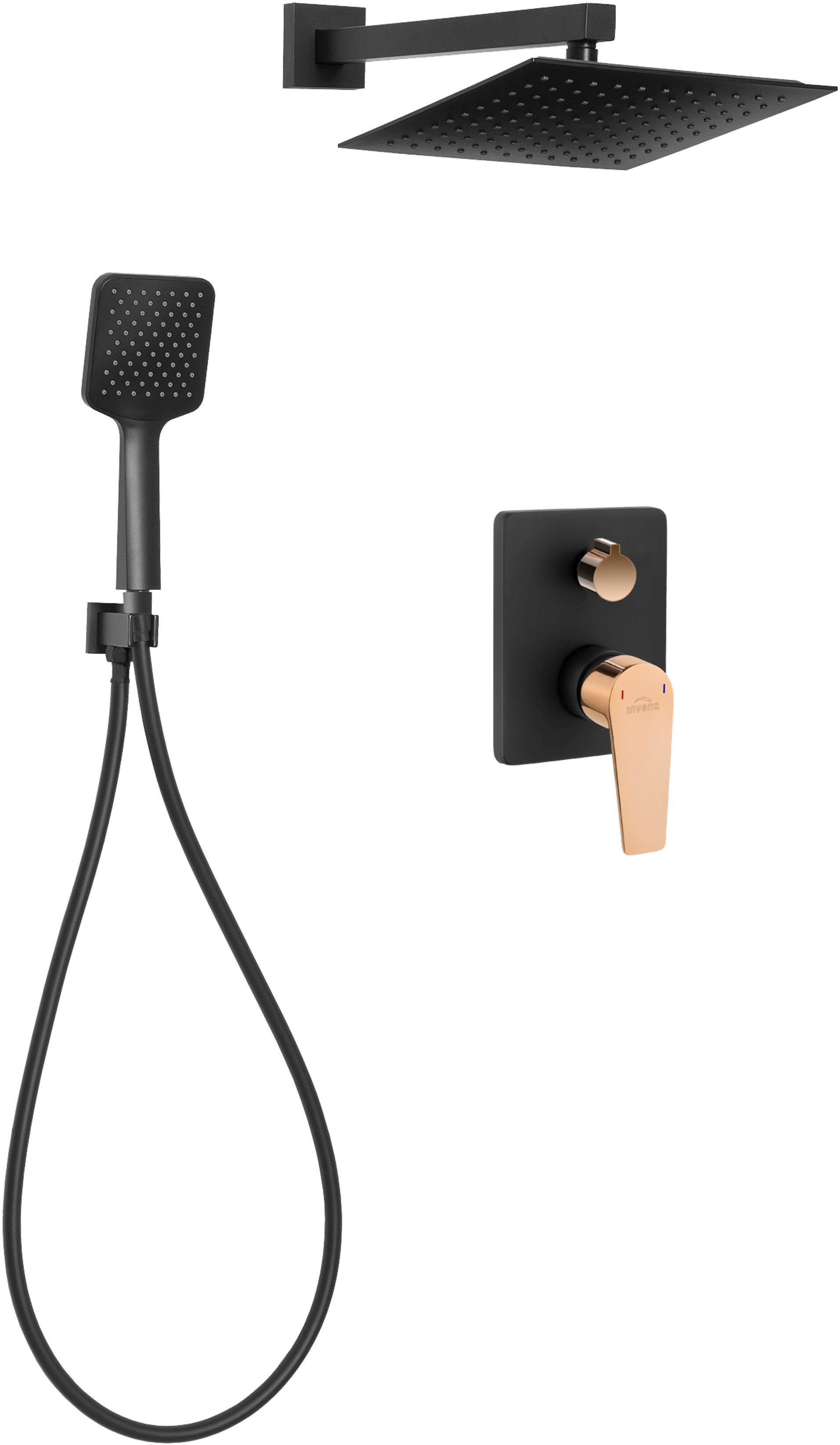 Invena Midnight conjunto de ducha empotrado con rociador con efecto lluvia negro-oro BS-35-014