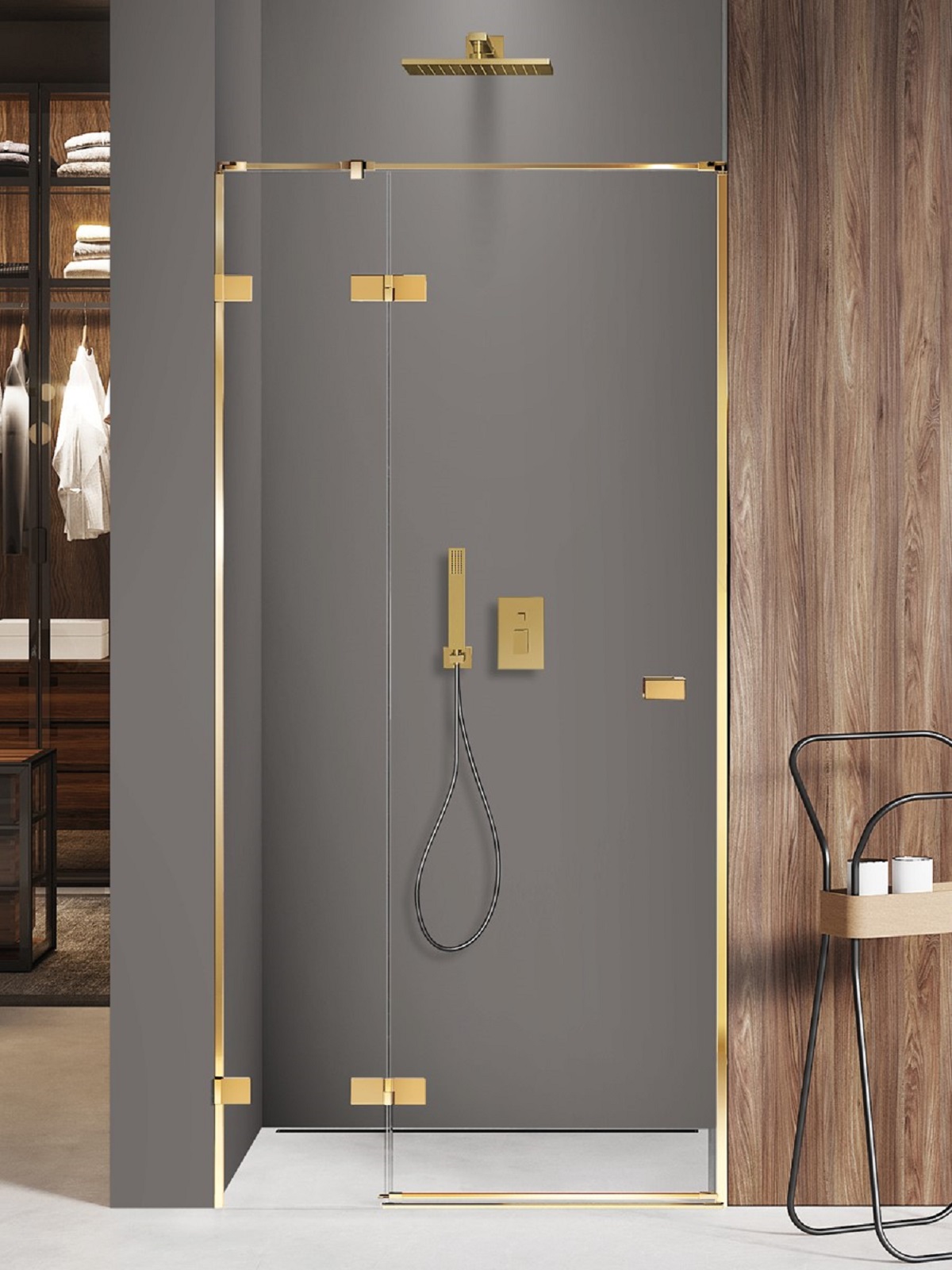 New Trendy Avexa Gold Shine puerta de ducha 80 cm oscilante oro brillante/vidrio transparente EXK-1630