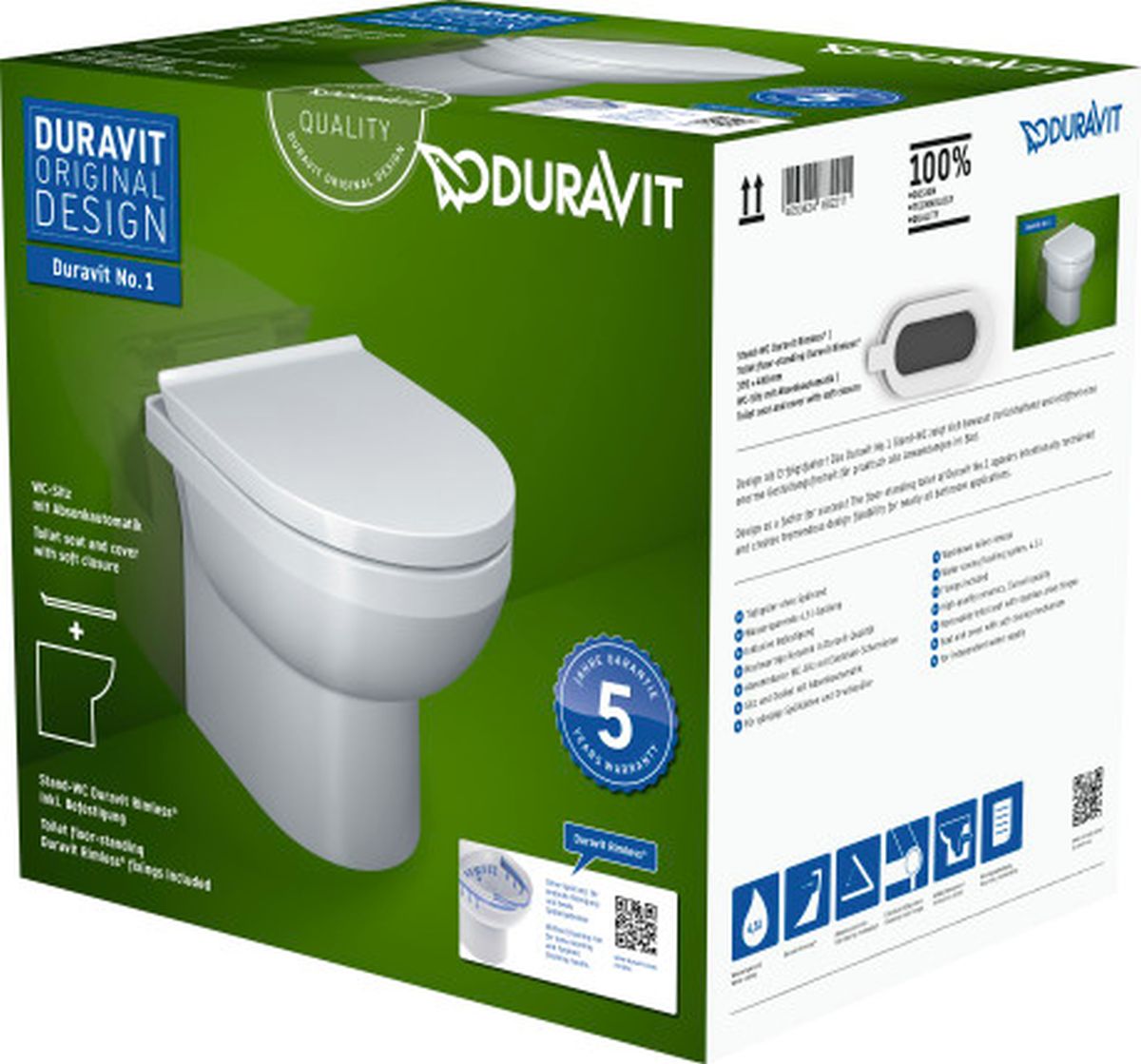 Duravit No. 1 taza de inodoro con asiento de cierre suave de pie sin reborde blanco 41840900A1