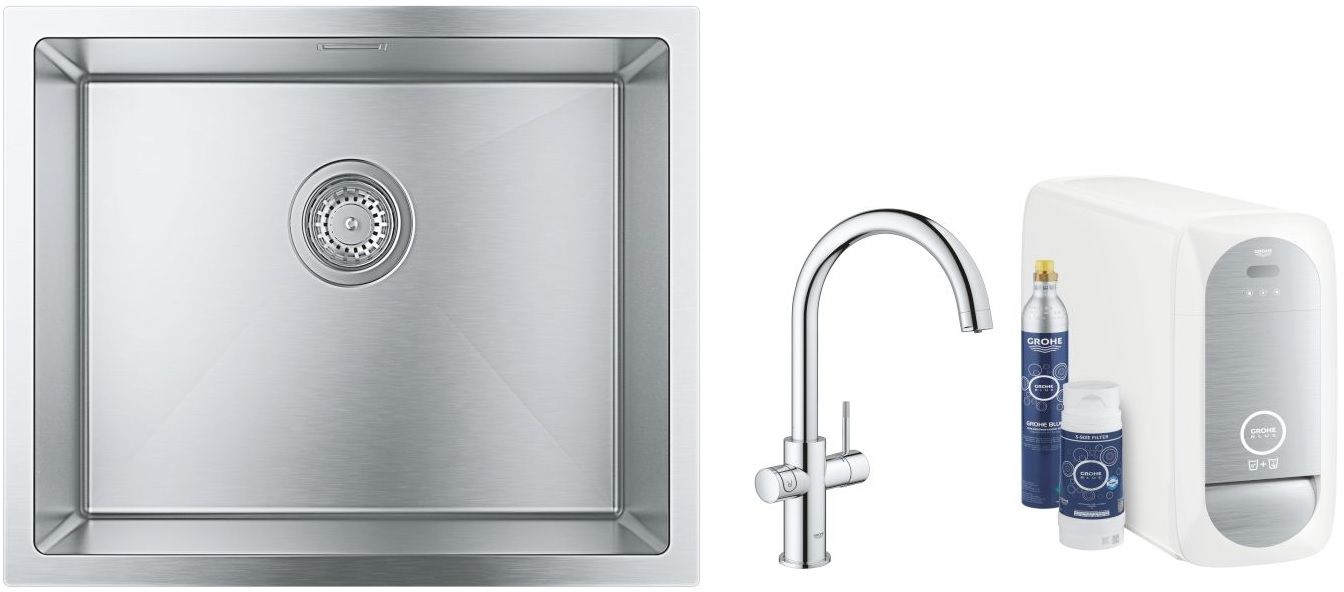 Conjunto grifo de cocina con filtro Grohe Blue 31455001, fregadero de acero Grohe K700 31726SD0