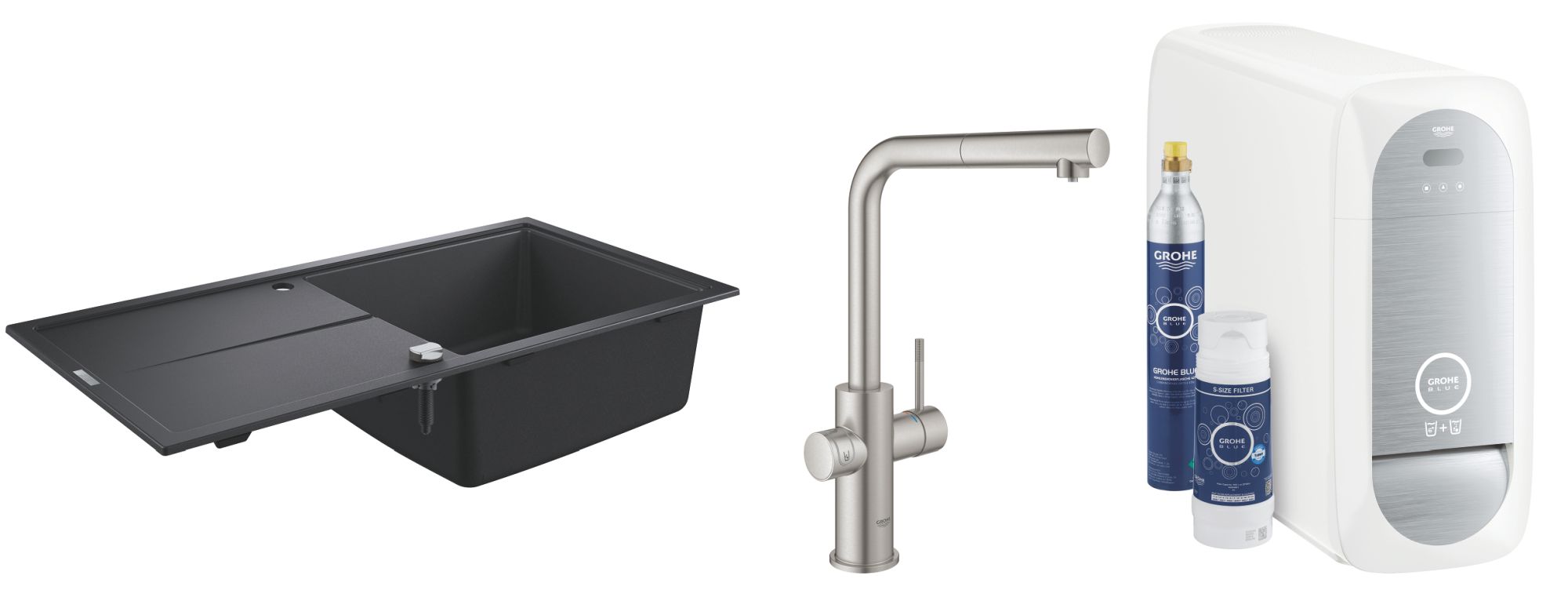Conjunto grifo de cocina con filtro Grohe Blue 31539DC0, fregadero de granito Grohe K400 31641AP0