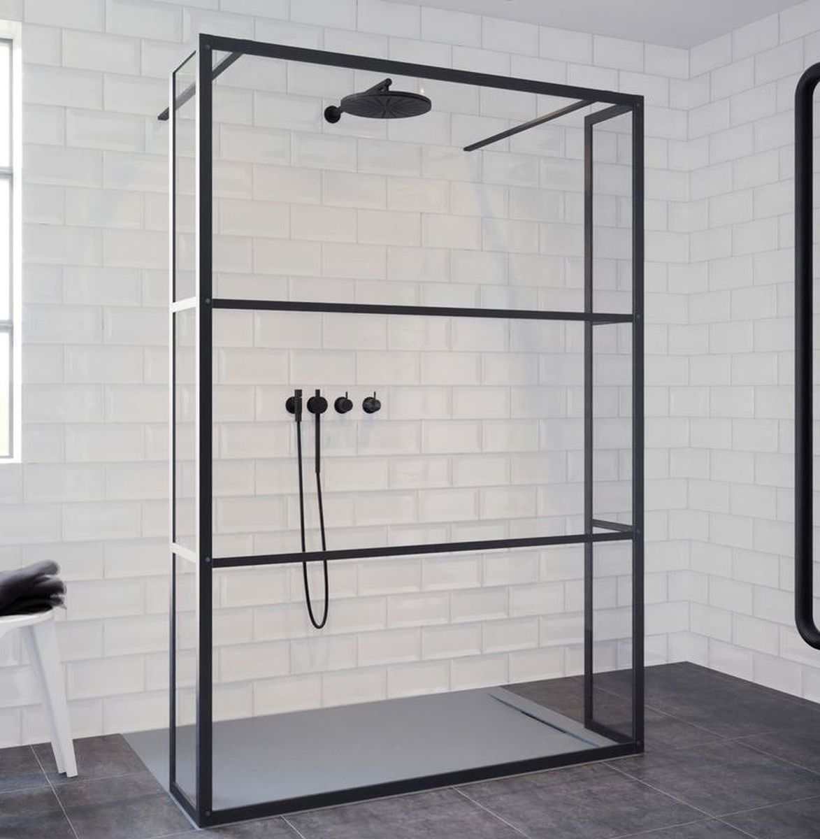Riho Grid cabina de ducha 90x30 cm negro mate/vidrio con patrón G004030121