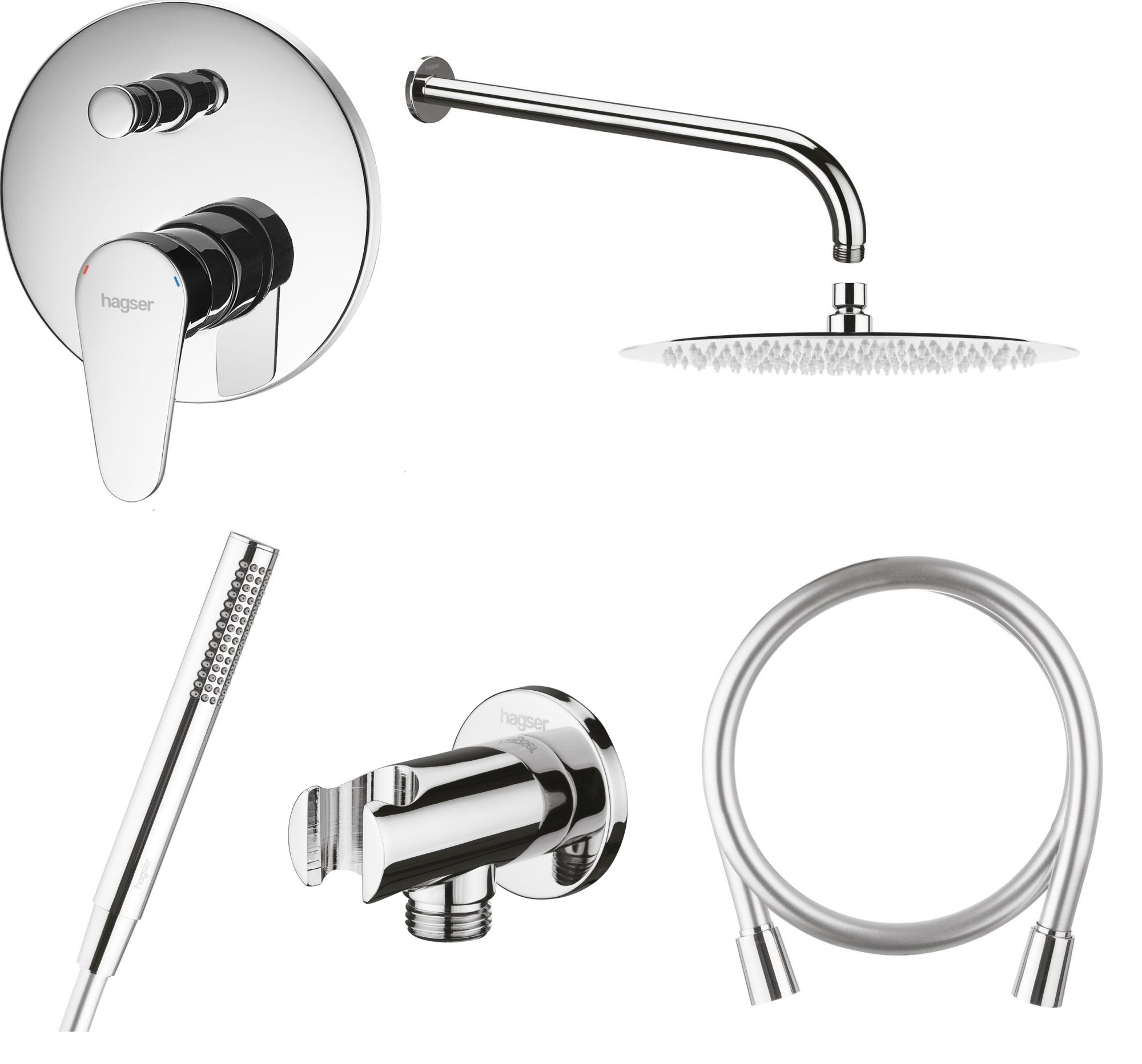 Conjunto grifo de bañera y ducha Hagser Della HGR40000034, ducha con efecto lluvia Hagser Mila HGR12000037, HGR14000037, HGR11000037, HGR70000037, HGR15000037
