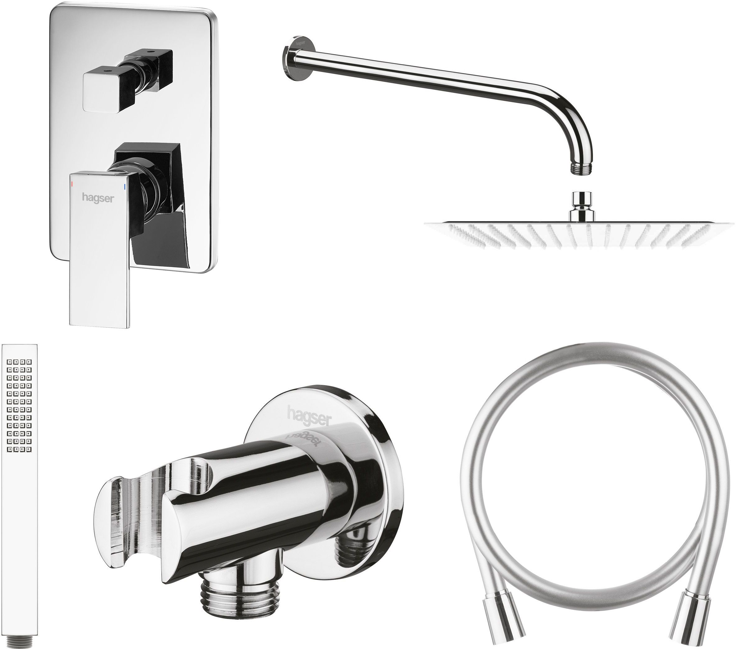 Conjunto grifo de bañera y ducha Hagser Ulva HGR60000034, ducha con efecto lluvia Hagser Ella HGR13000037, HGR14000037, HGR11000037, HGR80000037, HGR15000037