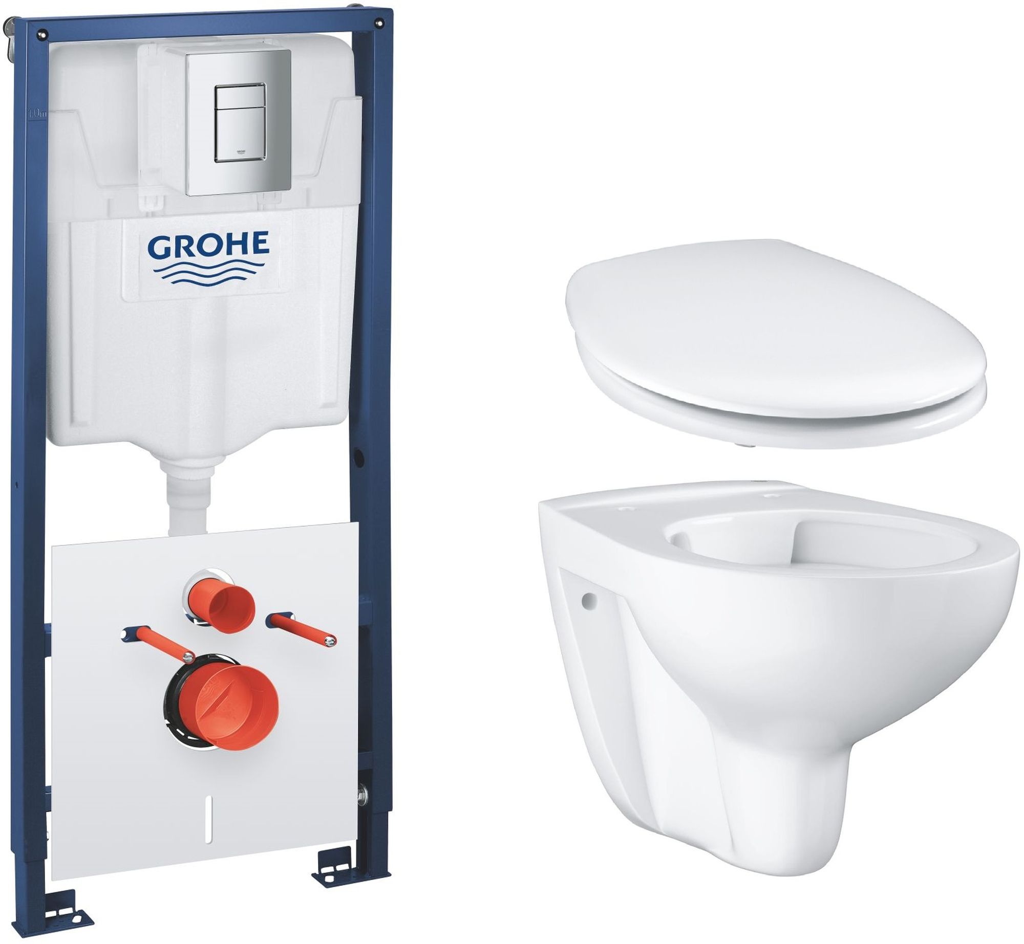 Conjunto marco empotrado con pulsador y junta Grohe Solido 39930000, taza de inodoro Grohe Bau Ceramic 39427000, 39492000