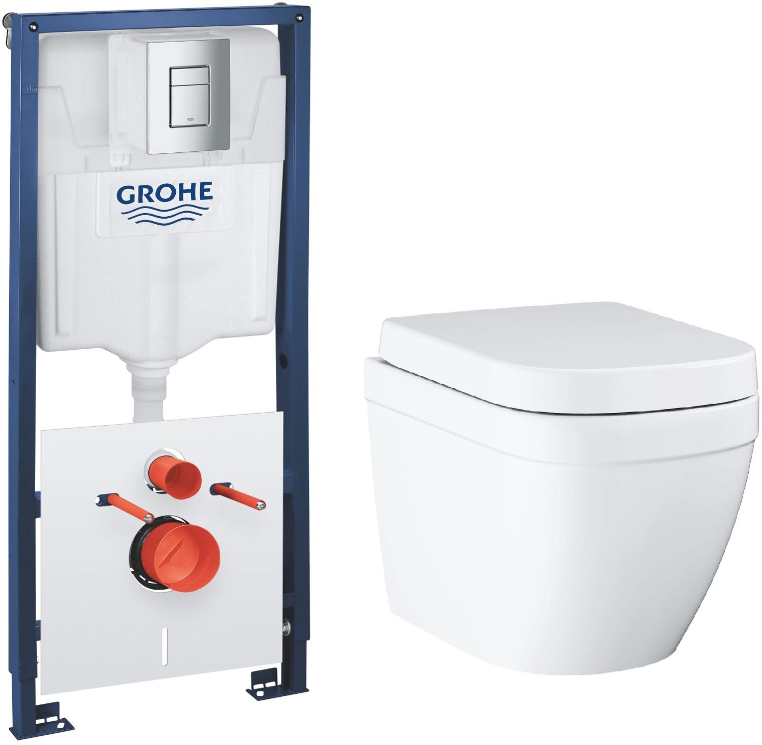 Conjunto taza de inodoro con asiento de cierre suave Grohe Euro Ceramic 39693000, marco empotrado con pulsador y junta Grohe Solido 39930000