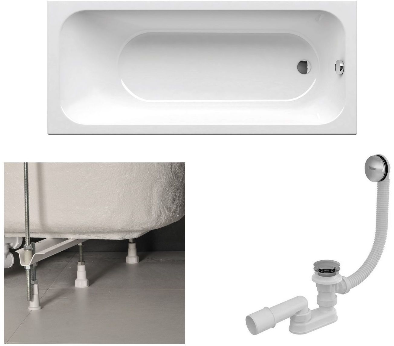 Conjunto bañera rectangular Slim Ravak Chrome Slim C721300000, sifón para bañera Ravak X01377, GPX2240015