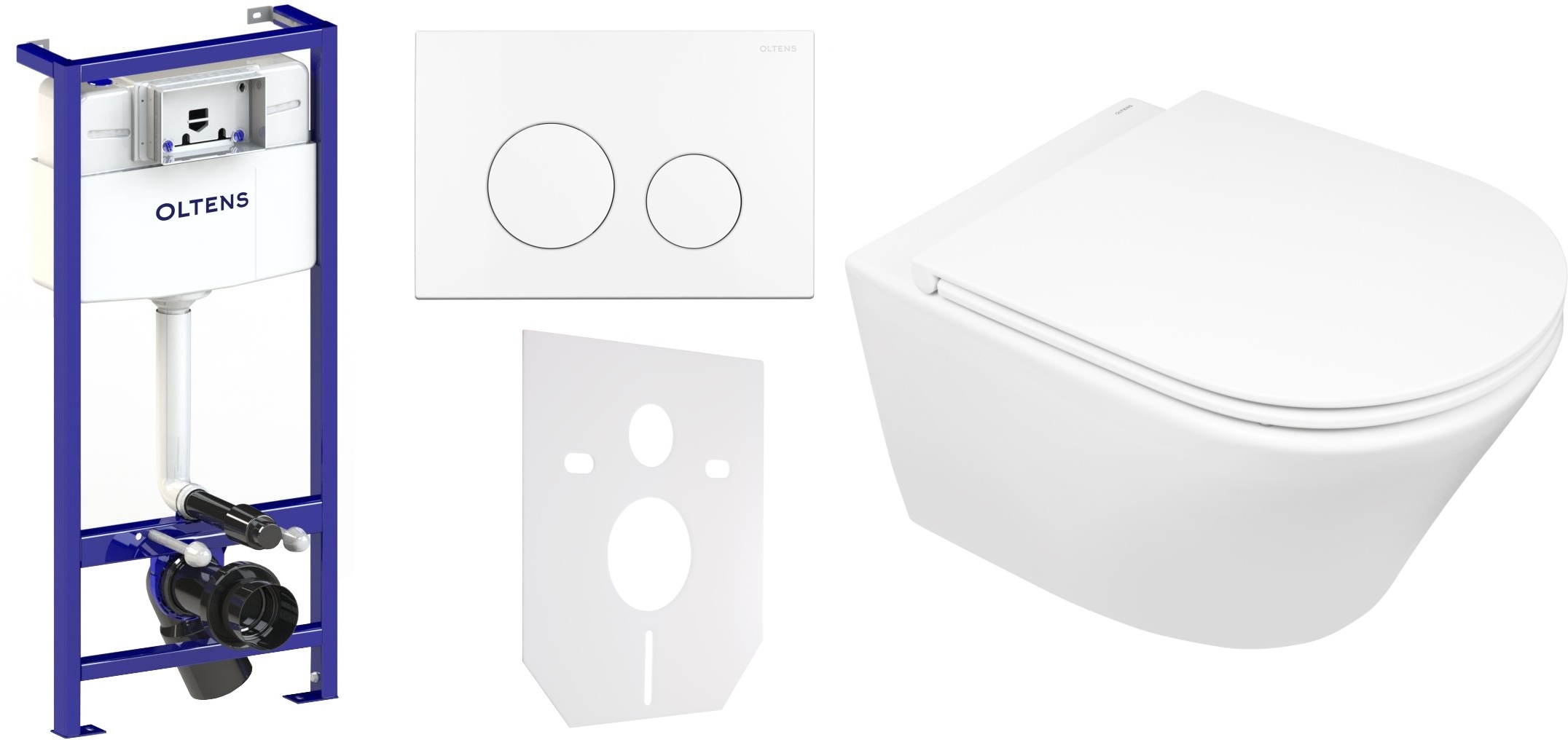 Conjunto taza de inodoro Oltens Jog 42001000, marco empotrado Oltens Triberg 50001000, 45102000, 57102000, 49301000
