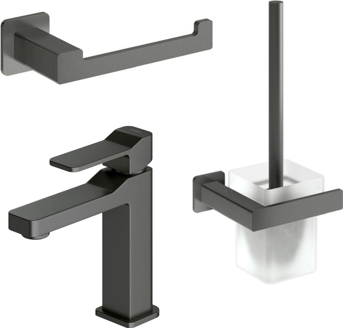 Conjunto grifo para lavabo Omnires Slide SL7710GR, escobilla de baño Omnires Nelson NL80620GR, NL80510GR