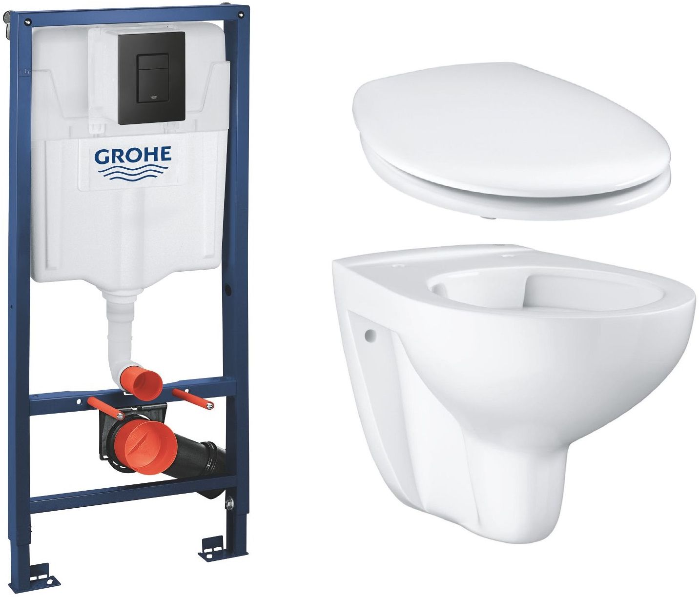 Conjunto marco empotrado con pulsador Grohe Solido 38811KF0, taza de inodoro Grohe Bau Ceramic 39427000, 39493000