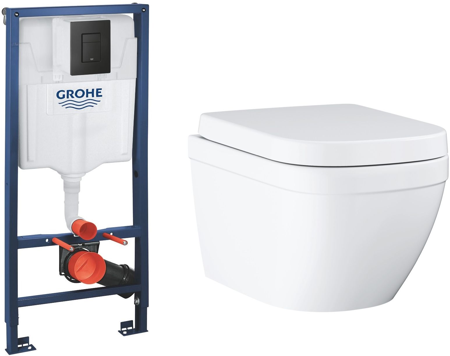 Conjunto taza de inodoro Grohe Euro Ceramic 39554000, marco empotrado con pulsador Grohe Solido 38811KF0