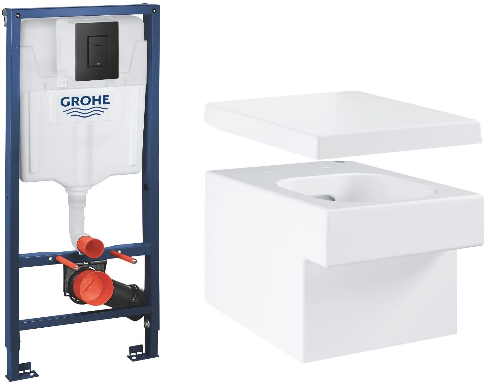 Conjunto taza de inodoro Grohe Cube Ceramic 3924500H, marco empotrado con pulsador Grohe Solido 38811KF0, 39488000