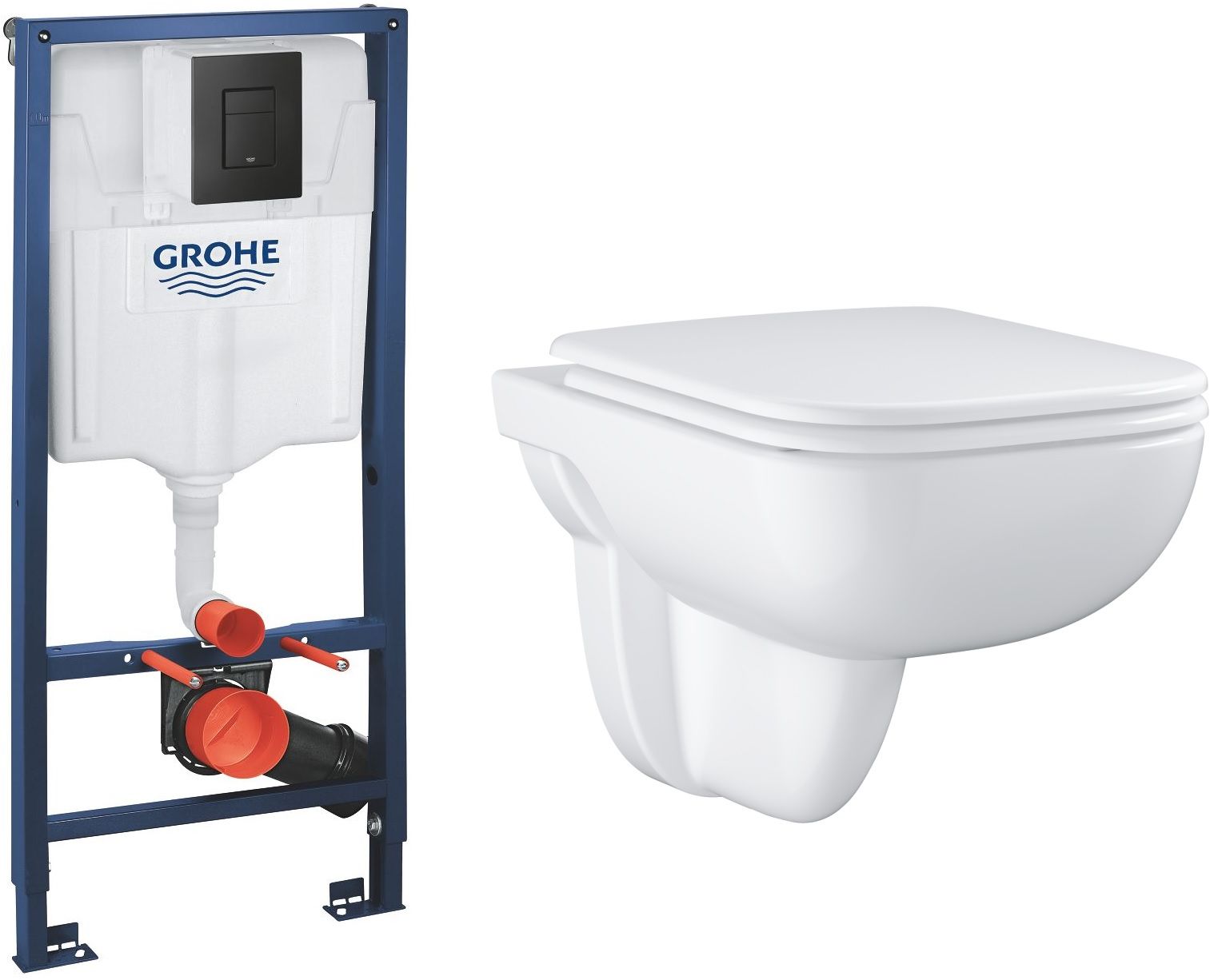 Conjunto taza de inodoro con asiento de cierre suave Grohe Start Edge 39815000, marco empotrado con pulsador Grohe Solido 38811KF0