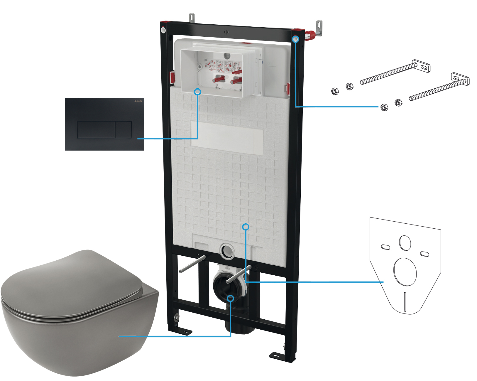 Deante Peonia Zero conjunto con marco, taza de inodoro, tapa y pulsador de descarga CDENDZPW