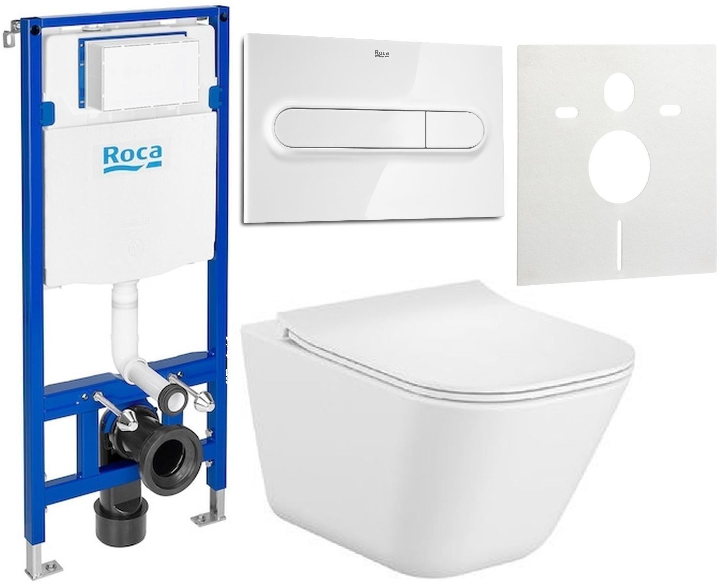 Conjunto taza de inodoro con asiento de cierre suave Roca Gap Square A34H472000, marco empotrado Roca Duplo One A890070020, A890195000, A890063000