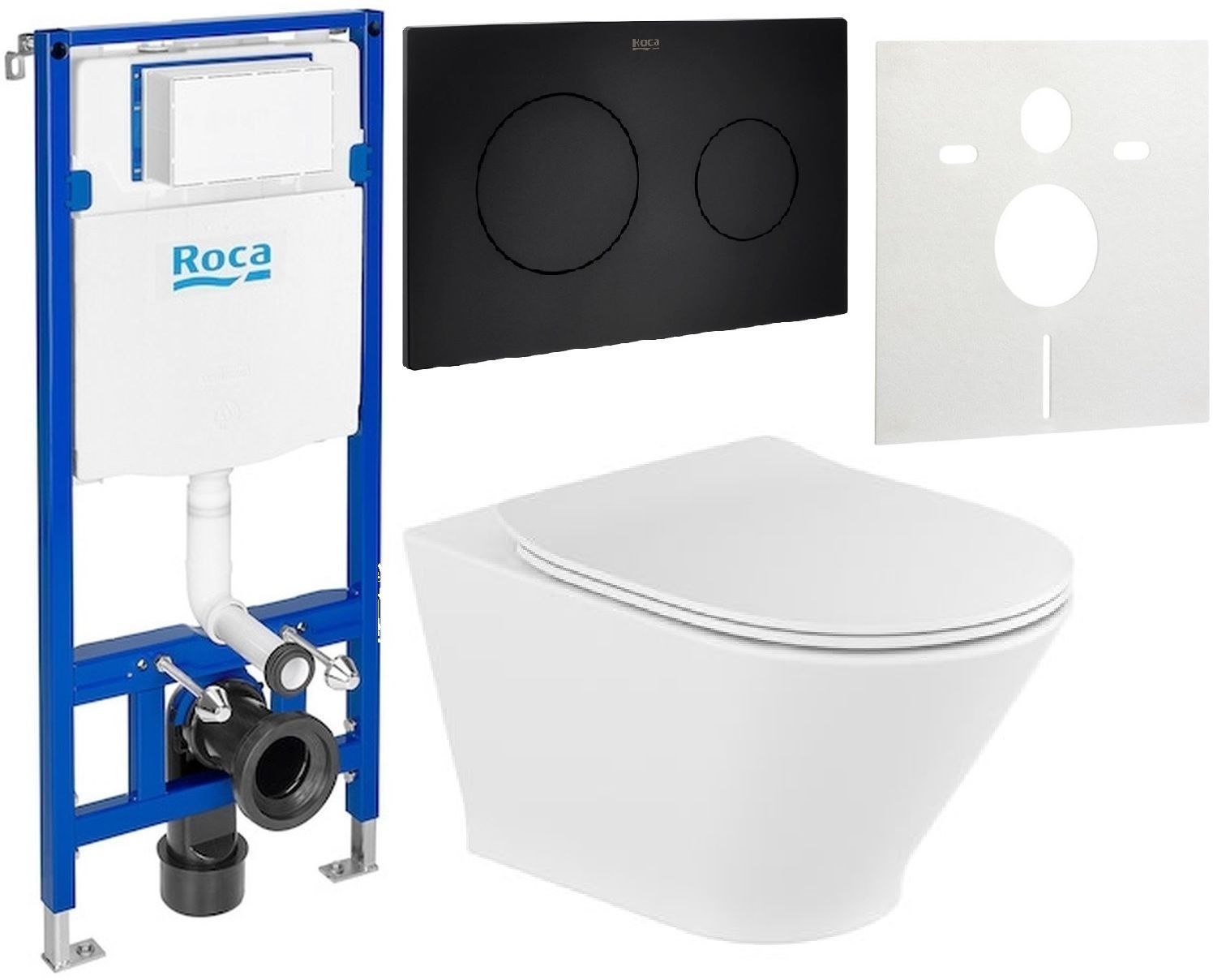 Conjunto taza de inodoro con asiento de cierre suave Roca Gap Round A34H0N8000, marco empotrado Roca Duplo One A890070020, A890189206, A890063000
