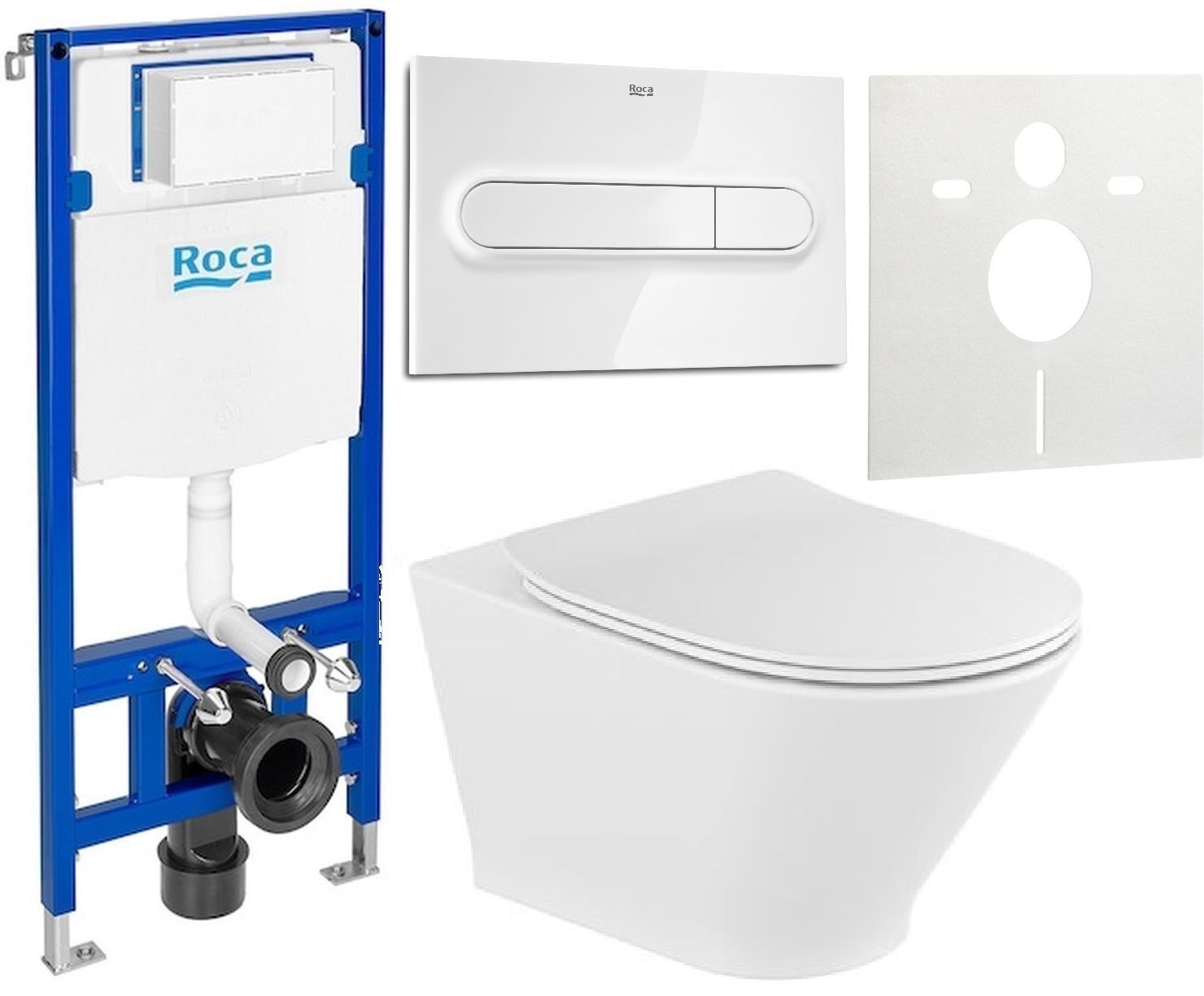 Conjunto taza de inodoro con asiento de cierre suave Roca Gap Round A34H0N8000, marco empotrado Roca Duplo One A890070020, A890195000, A890063000