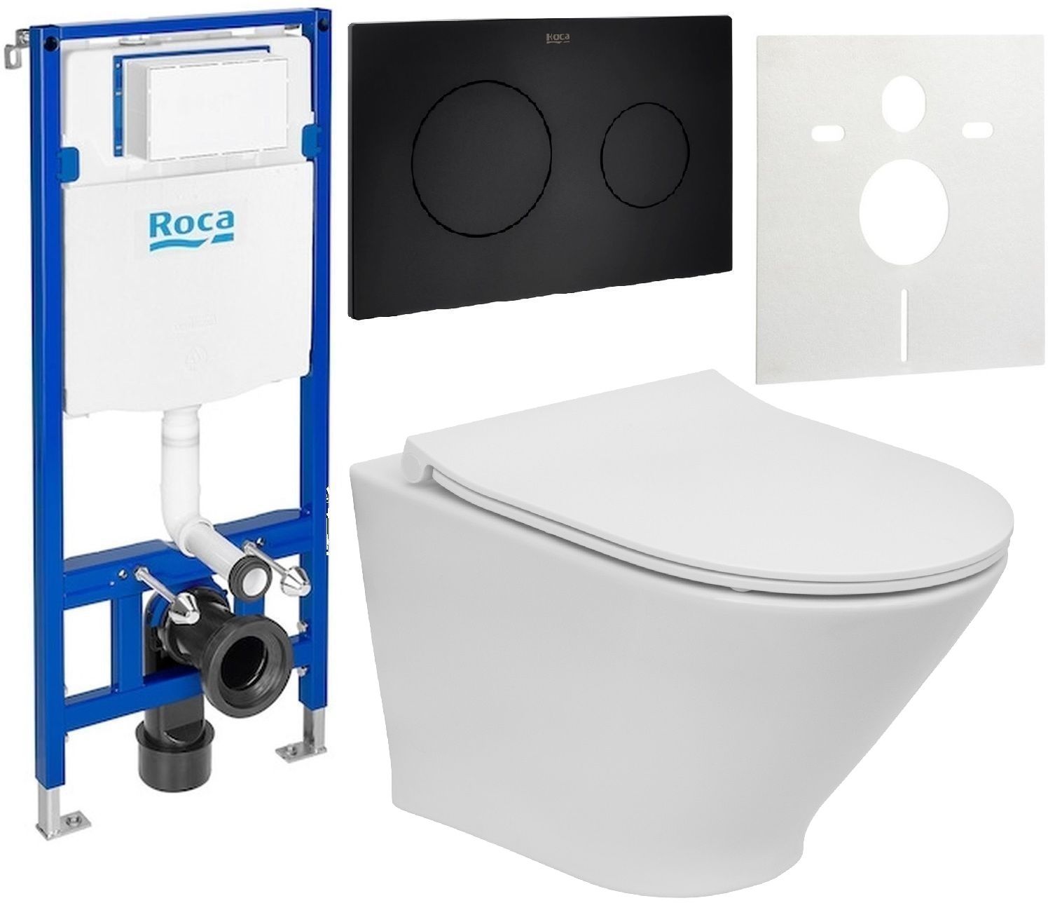 Conjunto taza de inodoro con asiento de cierre suave Roca Gap Round A34H0N3000, marco empotrado Roca Duplo One A890070020, A890189206, A890063000