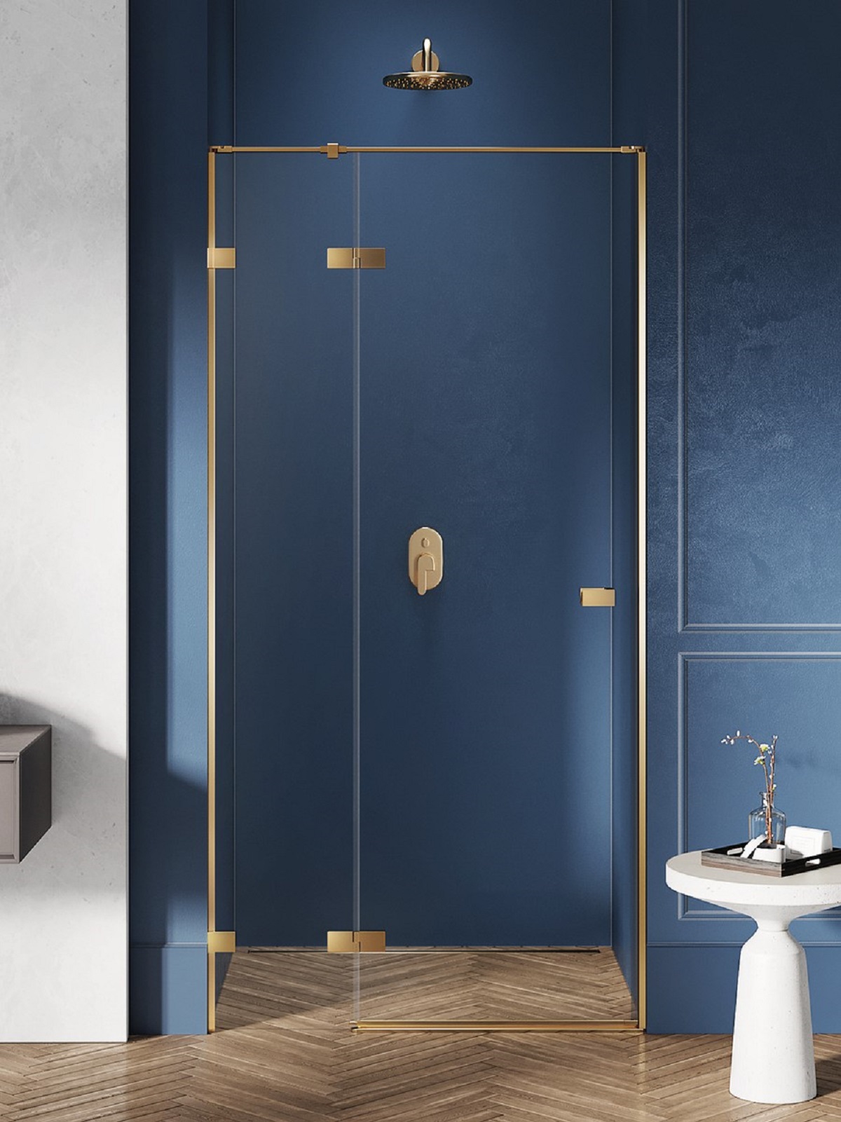 New Trendy Avexa Gold Brushed puerta de ducha 90 cm oscilante oro cepillado/vidrio transparente EXK-1716