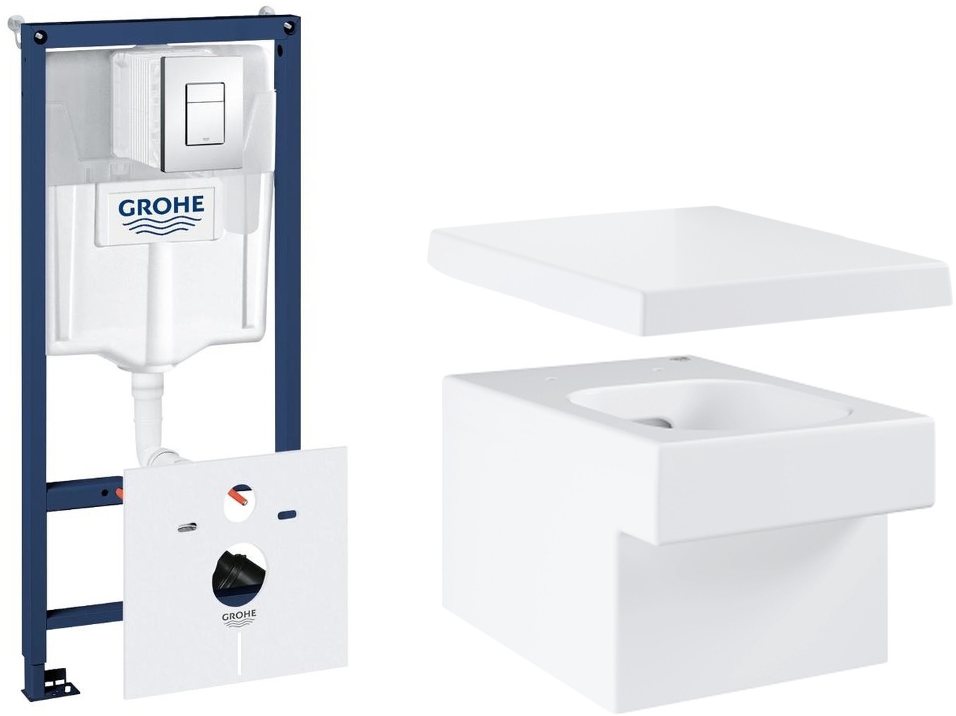 Conjunto taza de inodoro Grohe Cube Ceramic 3924500H, marco empotrado Grohe Rapid SL 38827000, 39488000