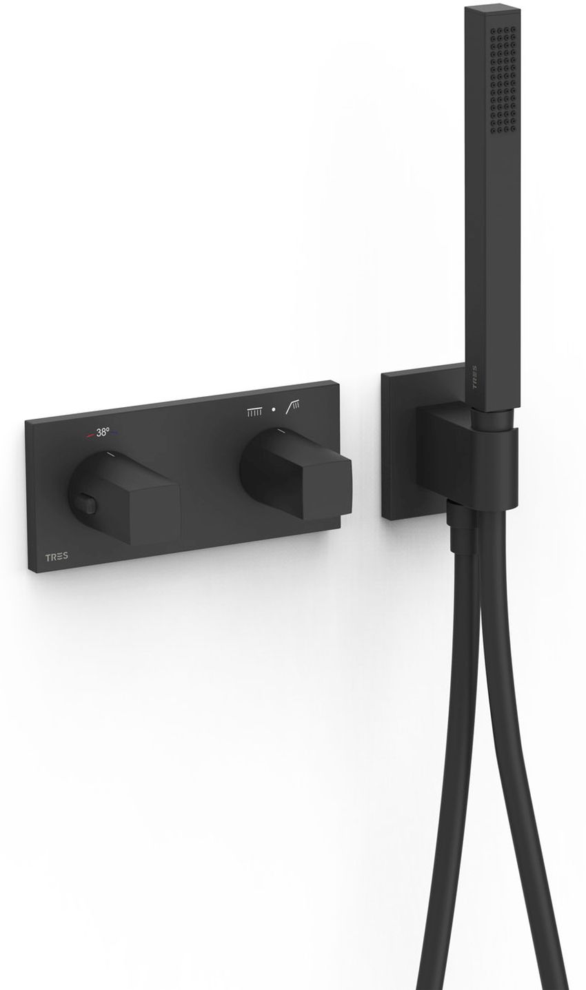 Tres B-System grifo de bañera y ducha empotrado con termostato negro 30725201NM