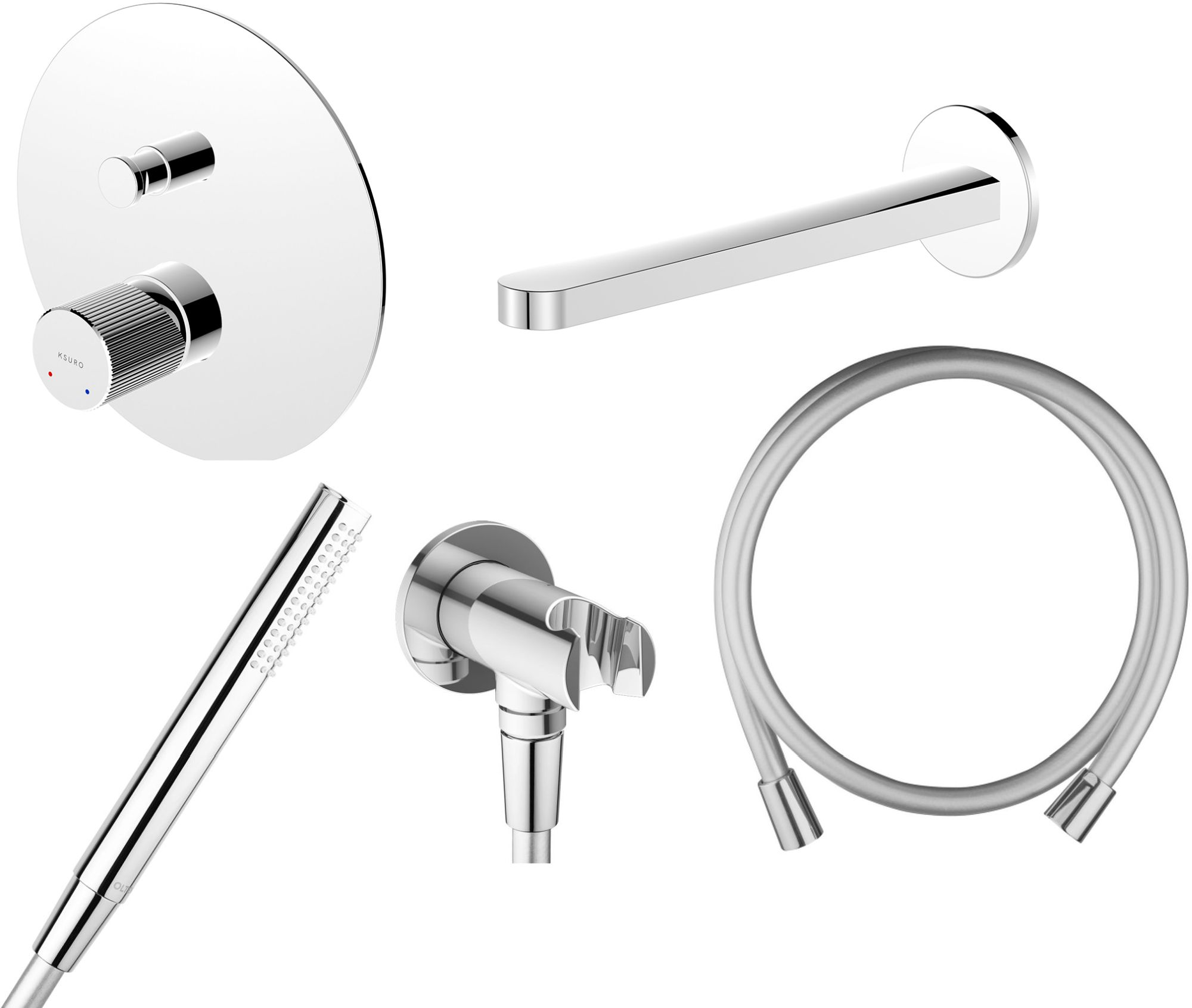 Conjunto grifo de bañera y ducha Ksuro 02 13006010, caño de grifo Ksuro 02 19000010, 37102100, 39304100, 37200100