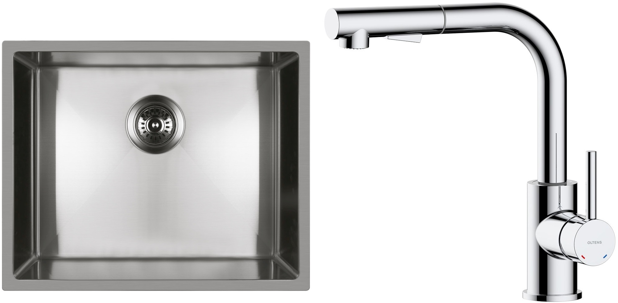 Conjunto fregadero de acero Oltens Stalvask 71101100, grifo de cocina Oltens Myvat 35205100