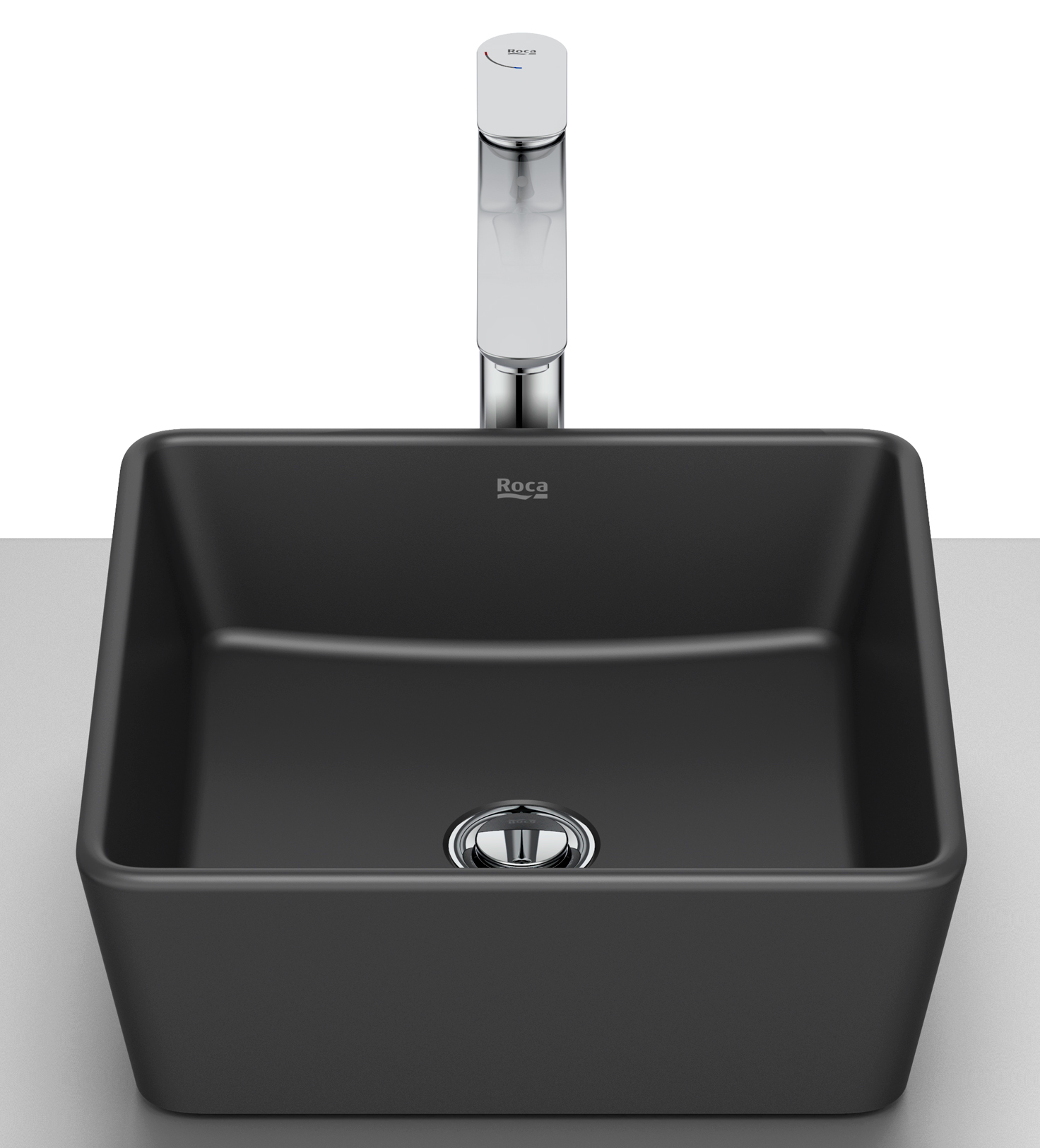 Roca Optica lavabo 35x35 cm cuadrada sobre encimera negro A327B12080