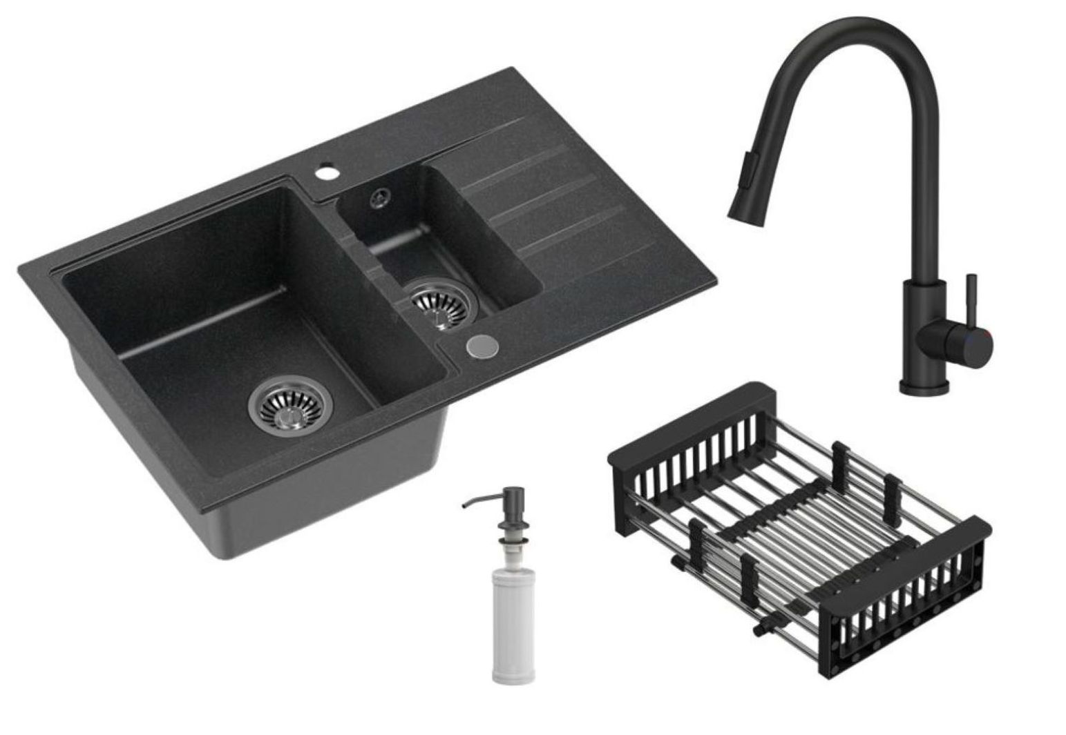 Quadron Comfort 156 fregadero con grifo y accesorios negro/negro HCQP57850CZK_3673500BLM