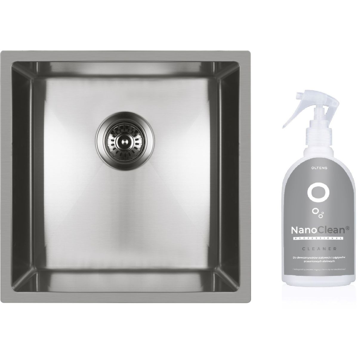 Conjunto fregadero de acero Oltens Stalvask 71100100, producto limpiador para fregaderos de acero Oltens NanoClean 89600000