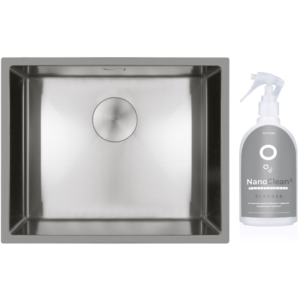 Conjunto fregadero de acero Oltens Hydda 71104100, producto limpiador para fregaderos de acero Oltens NanoClean 89600000