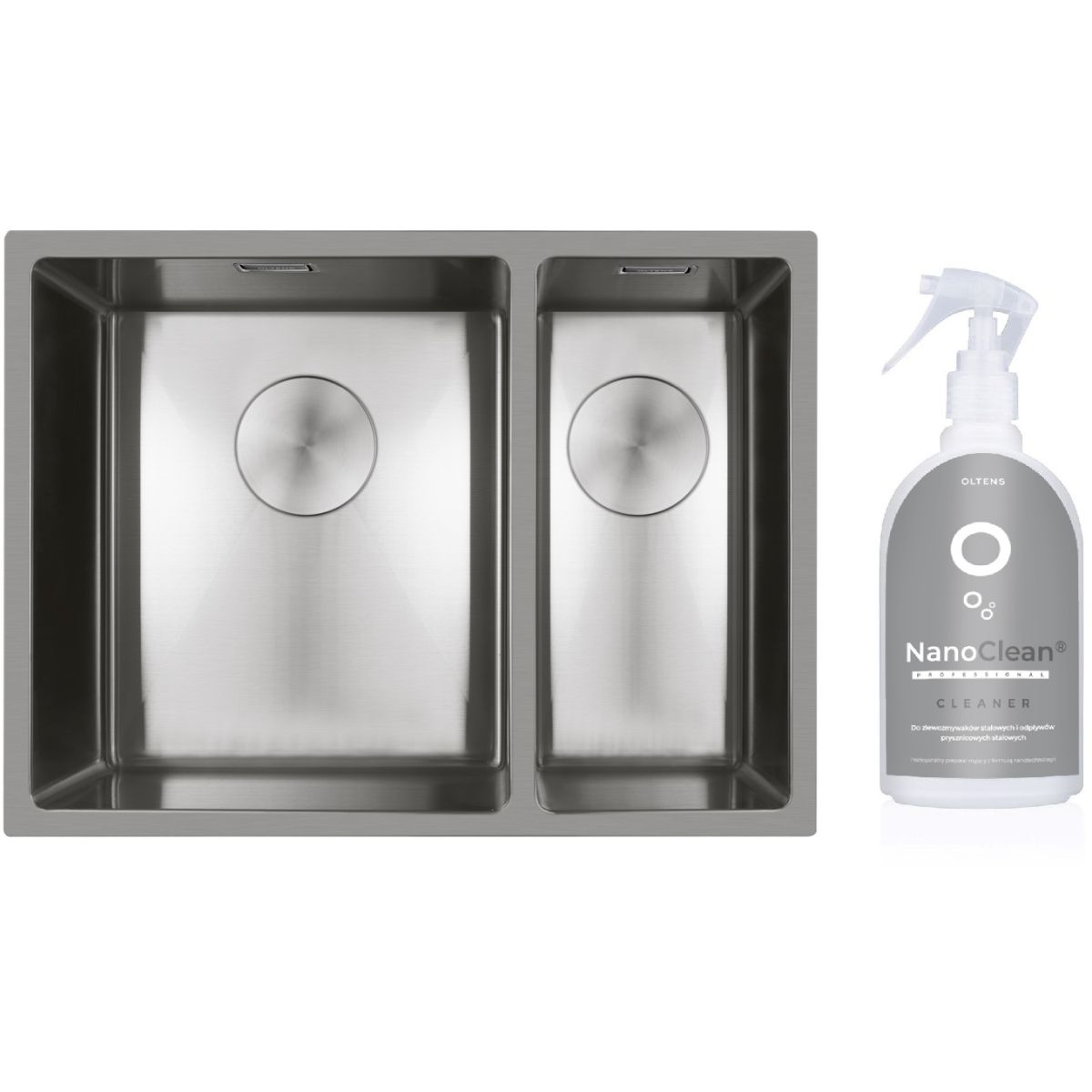 Conjunto fregadero de acero Oltens Hydda 71201100, producto limpiador para fregaderos de acero Oltens NanoClean 89600000