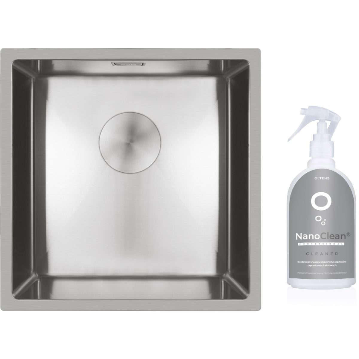 Conjunto fregadero de acero Oltens Hydda 71103100, producto limpiador para fregaderos de acero Oltens NanoClean 89600000