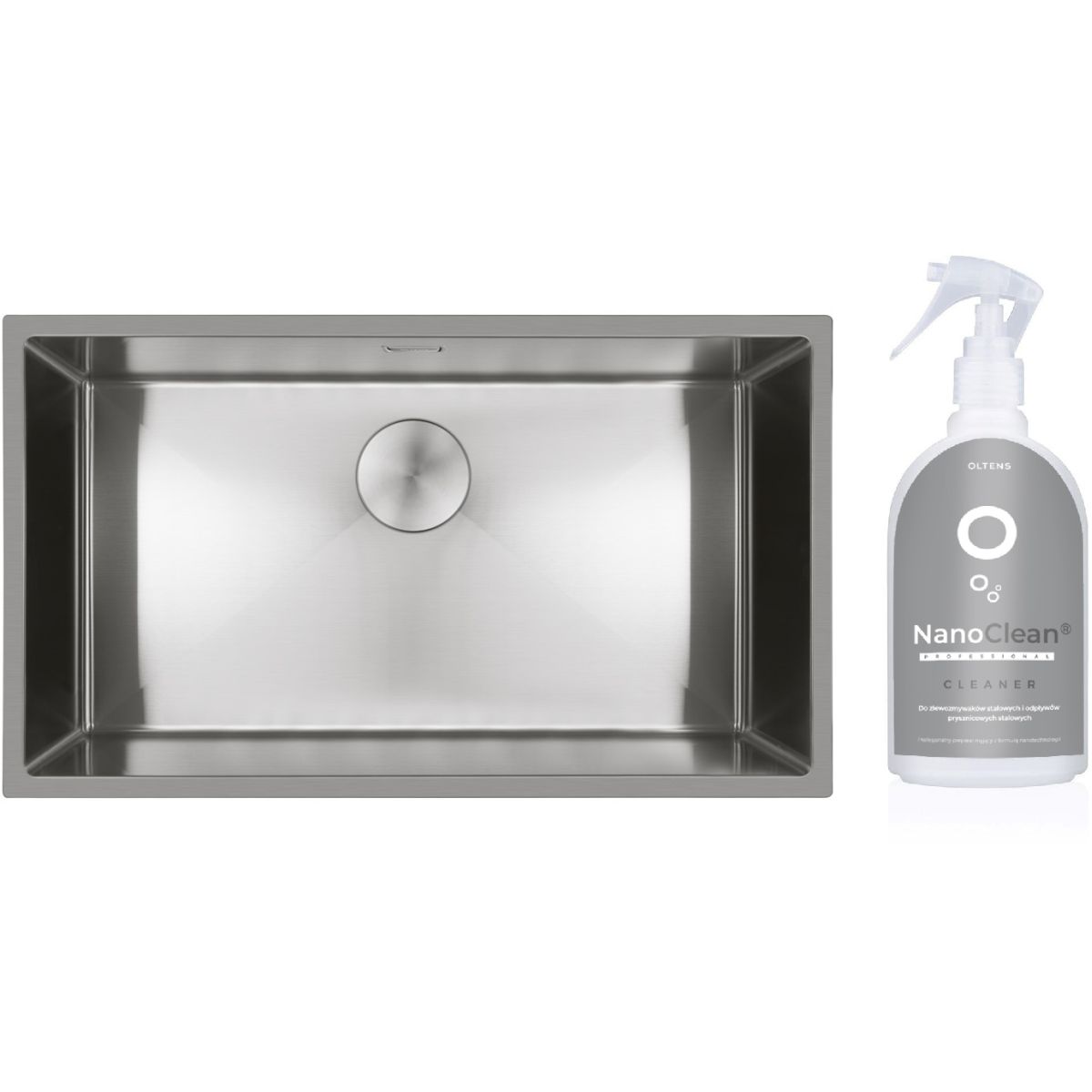 Conjunto fregadero de acero Oltens Hydda 71105100, producto limpiador para fregaderos de acero Oltens NanoClean 89600000