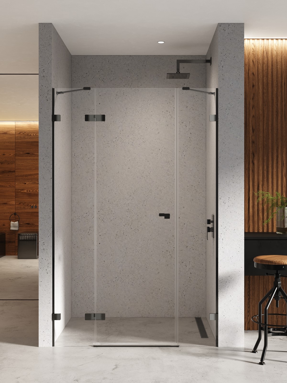 New Trendy Eventa Black Chrome puerta de ducha 150 cm oscilante negro brillante/vidrio transparente EXK-6141