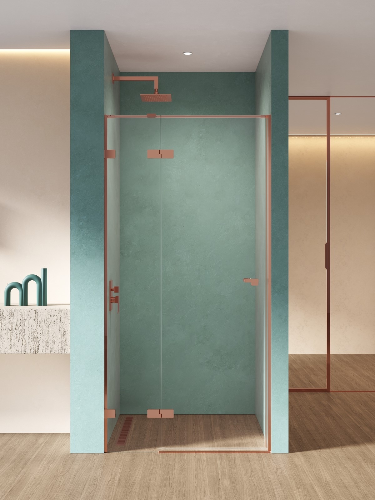 New Trendy Eventa Copper Shine puerta de ducha 90 cm oscilante cobre brillante/vidrio transparente EXK-6354