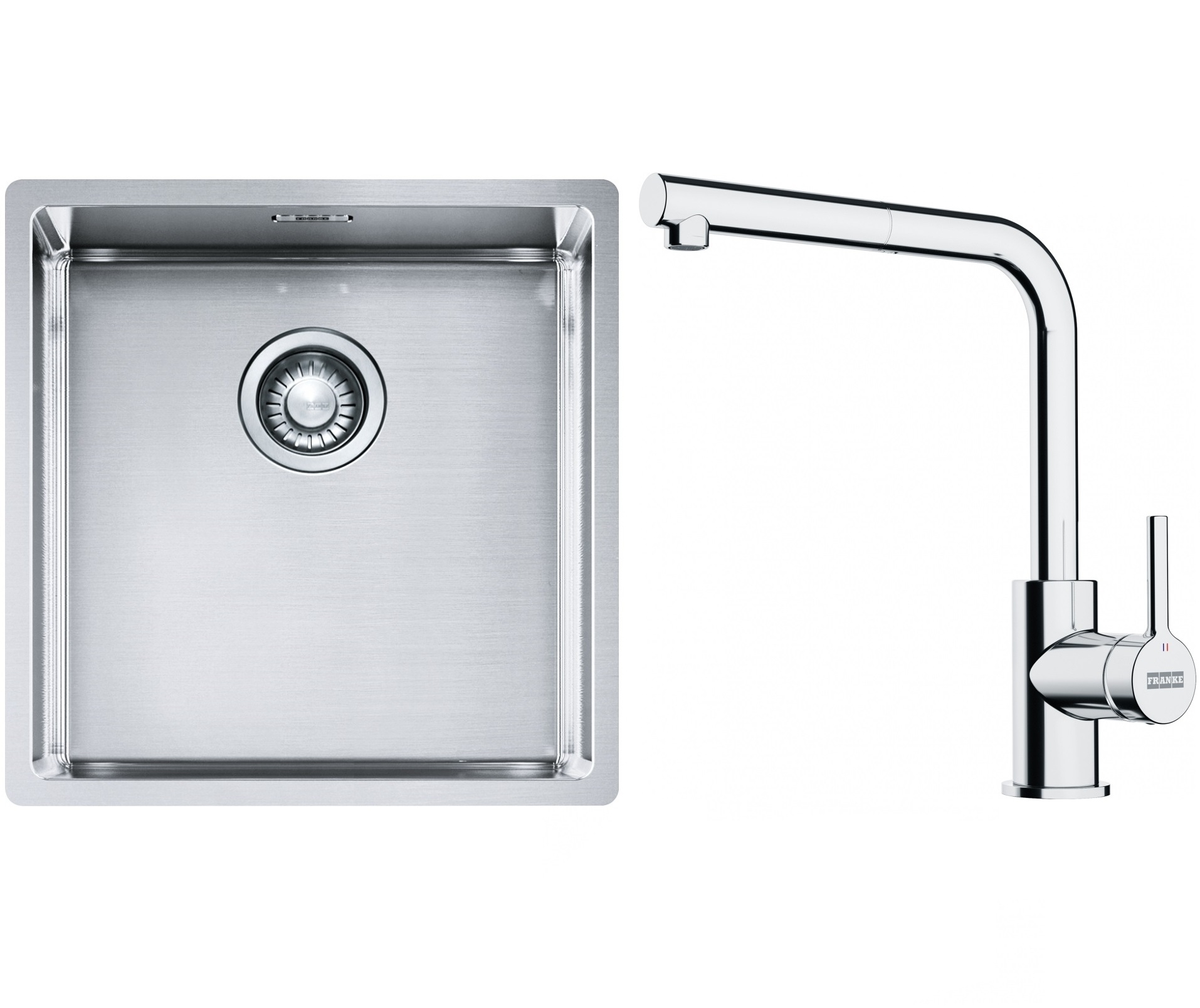 Conjunto fregadero de acero Franke Box 127.0453.654, grifo de cocina Franke Lina 115.0712.420