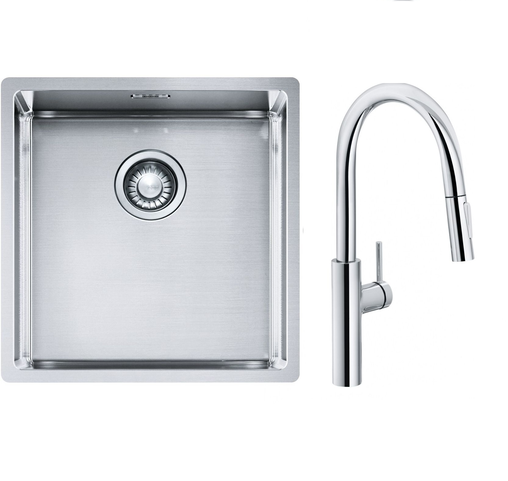 Conjunto grifo de cocina Franke Pescara L Slide-In 115.0538.940, fregadero de acero Franke Box 127.0453.654
