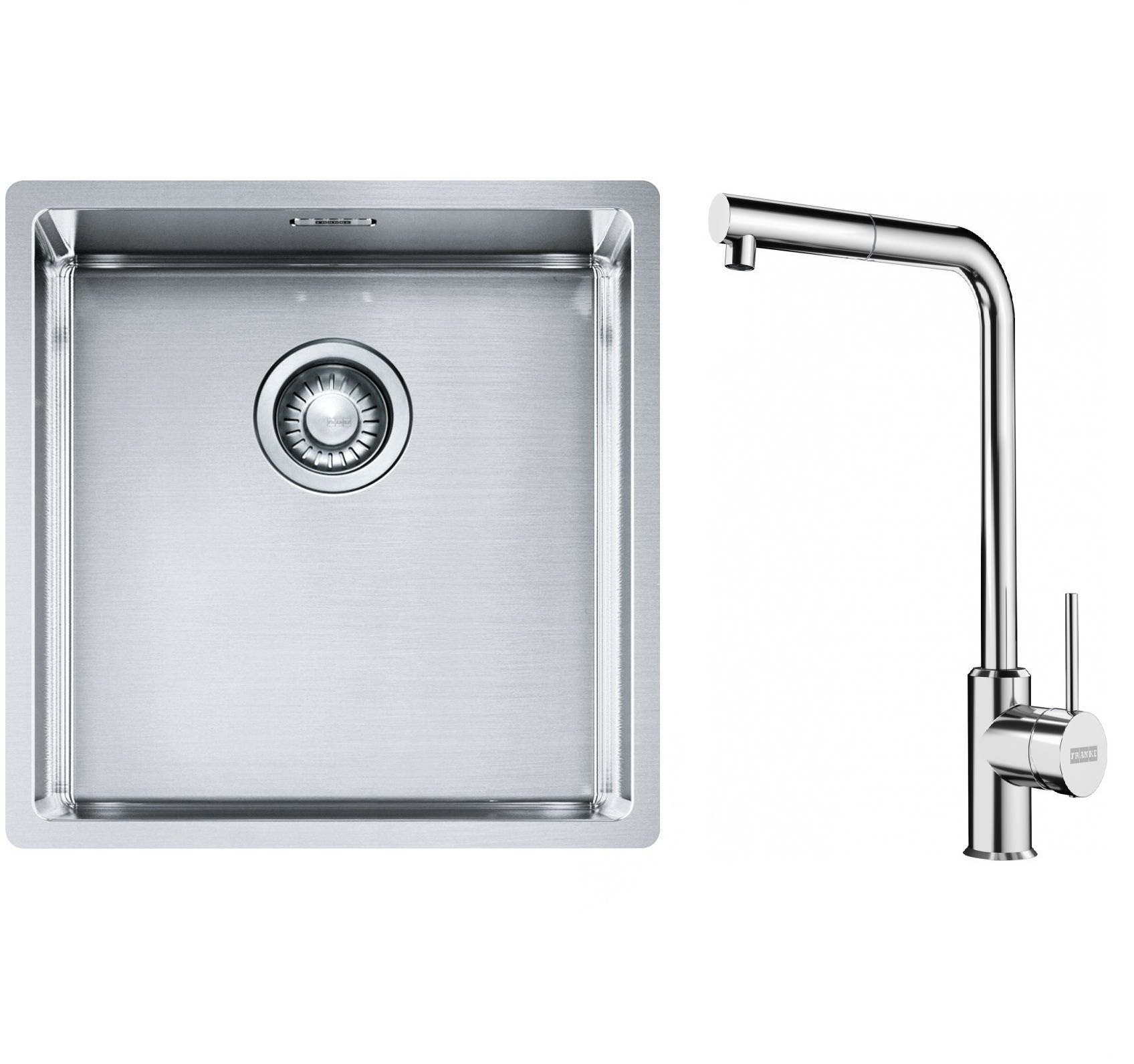 Conjunto fregadero de acero Franke Box 127.0453.654, grifo de cocina Franke Sirius Side 115.0668.280