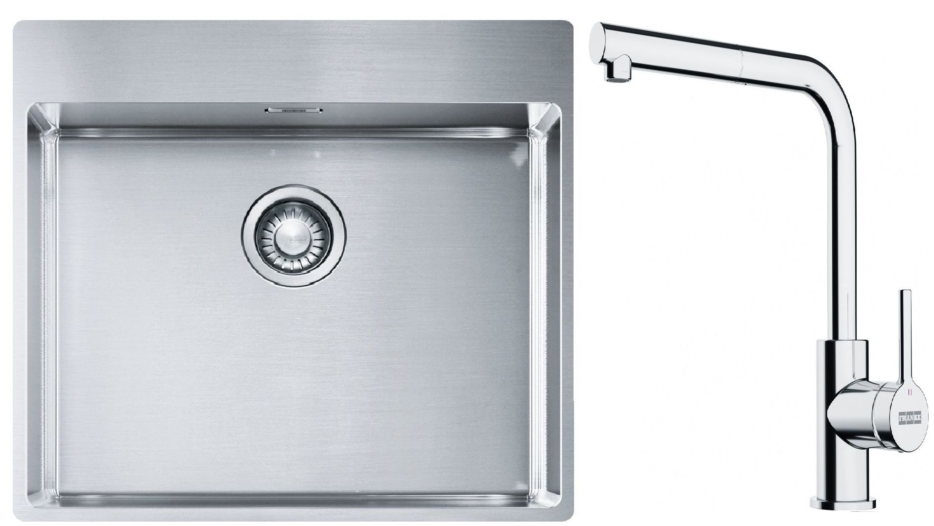 Conjunto fregadero de acero Franke Box 127.0369.295, grifo de cocina Franke Lina 115.0712.420
